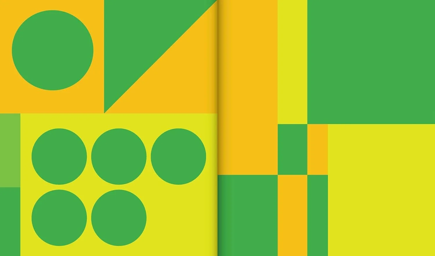 Yellow and green geometric pattern with circles, triangles, and rectangles.