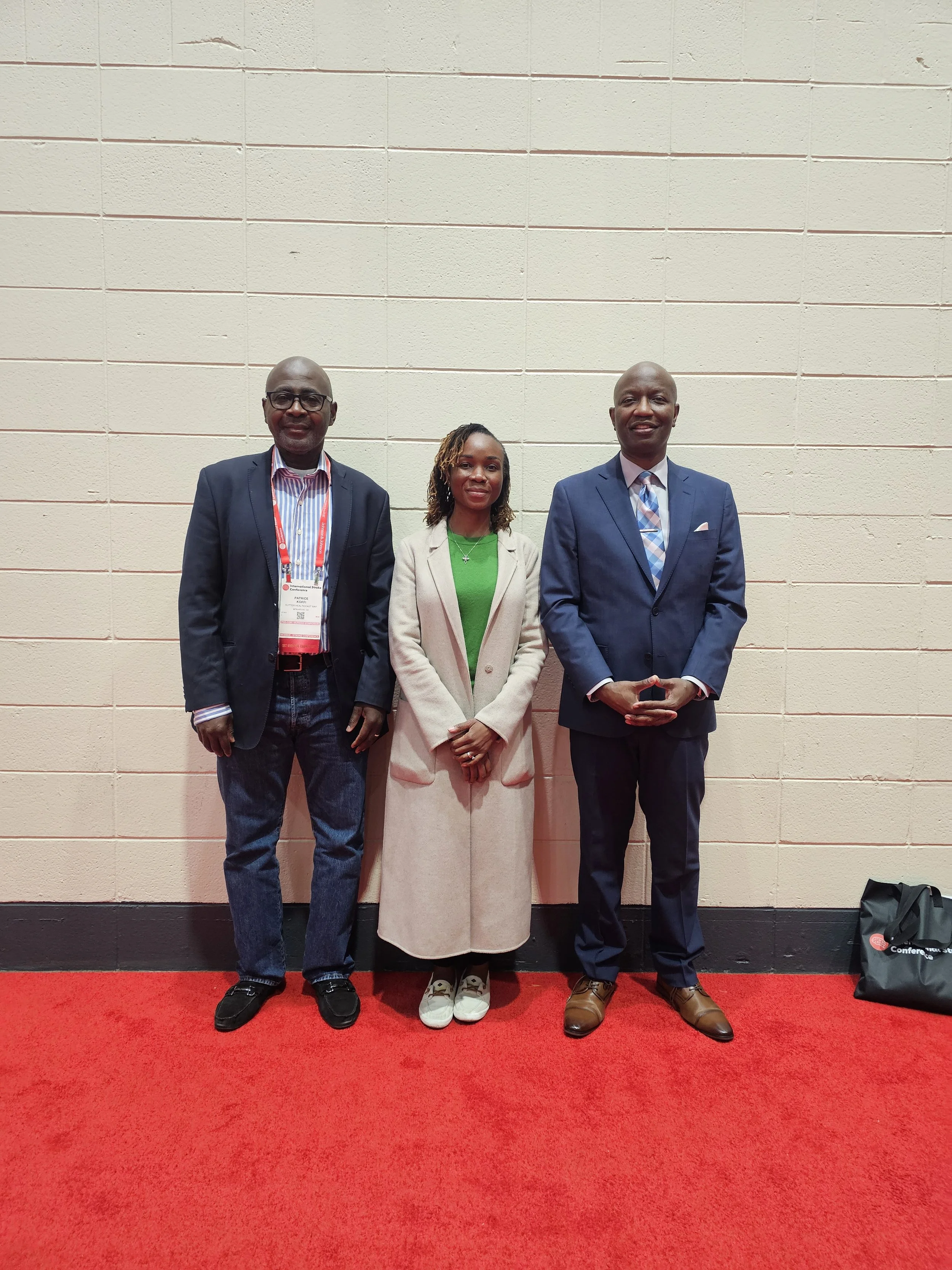 Mr. Patrice Koffi, President and Founder of Stop Stroke accompanied by Prof. Bruce Ovbiagele, MSc, MAS, MBA, MLS, FAHA, (Vascular Neurologist) (right)and Dr.Cleopatra Thurman (Vascular Neurologist) (middle) at the ISC 2026 in New Orleans, LA.
