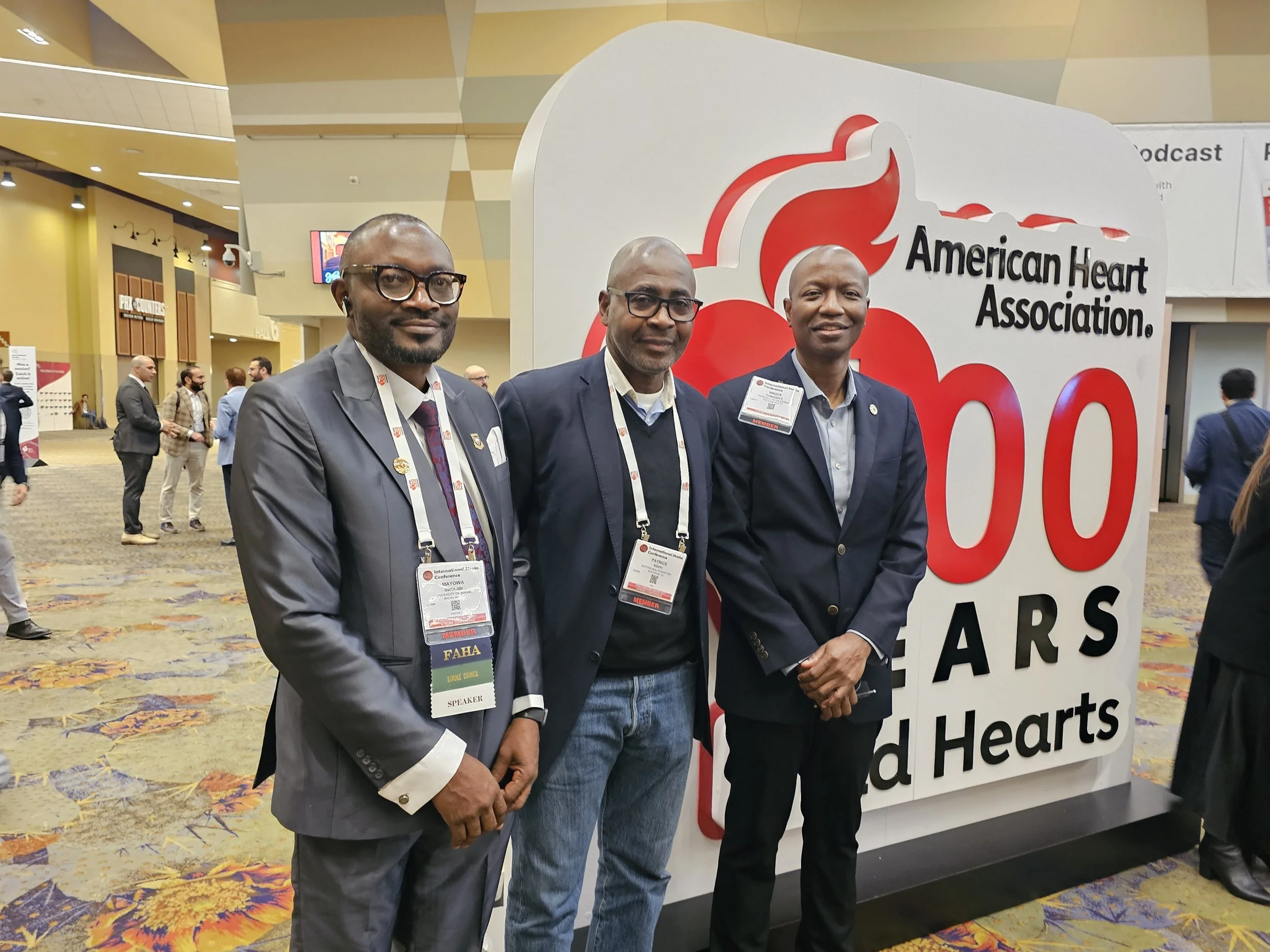 Mr. Patrice Koffi, President and Founder of Stop Stroke accompanied by Prof. Bruce Ovbiagele, MSc, MAS, MBA, MLS, FAHA, (Vascular Neurologist) (right)and Prof. Mayowa Ojo Owolabi current president of the African Stroke Organization (Professor of Neur