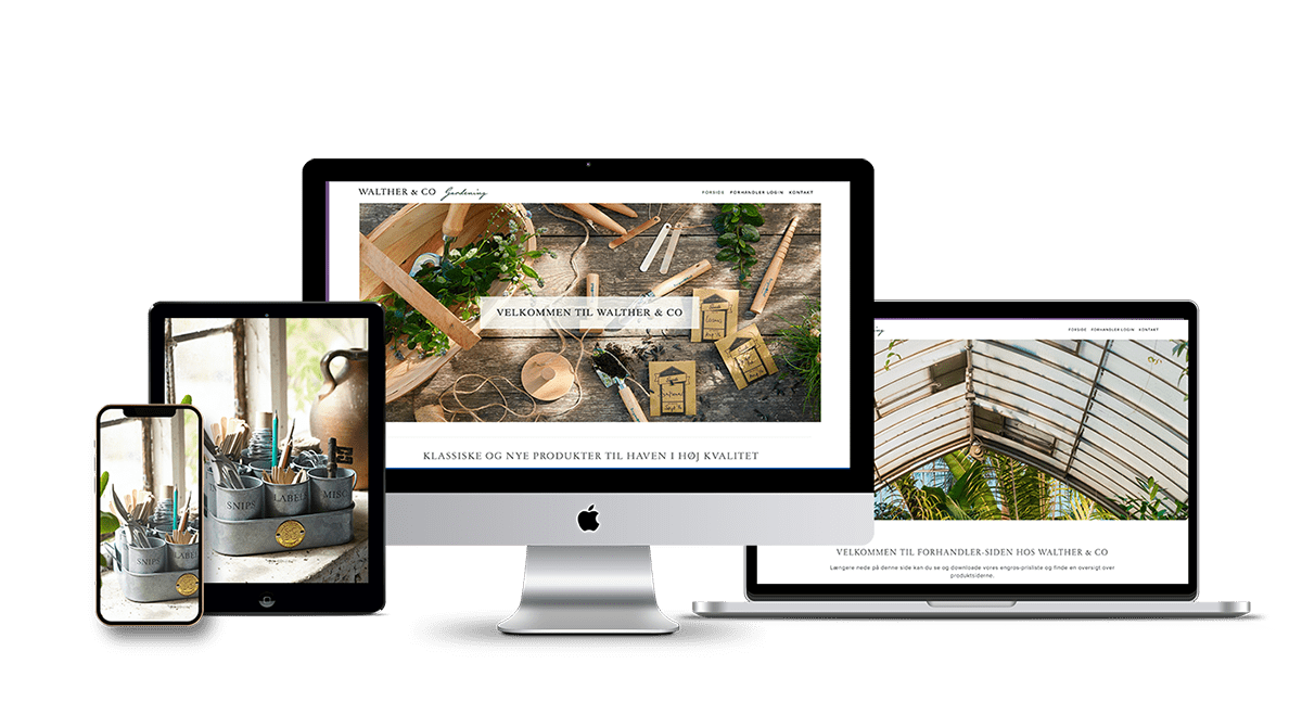 professionelt webdesign her eksempel med hjemmeside for Walther & Co som vises i responsiv design på stor iMac skærm, laptop iPad og mobiltelefon