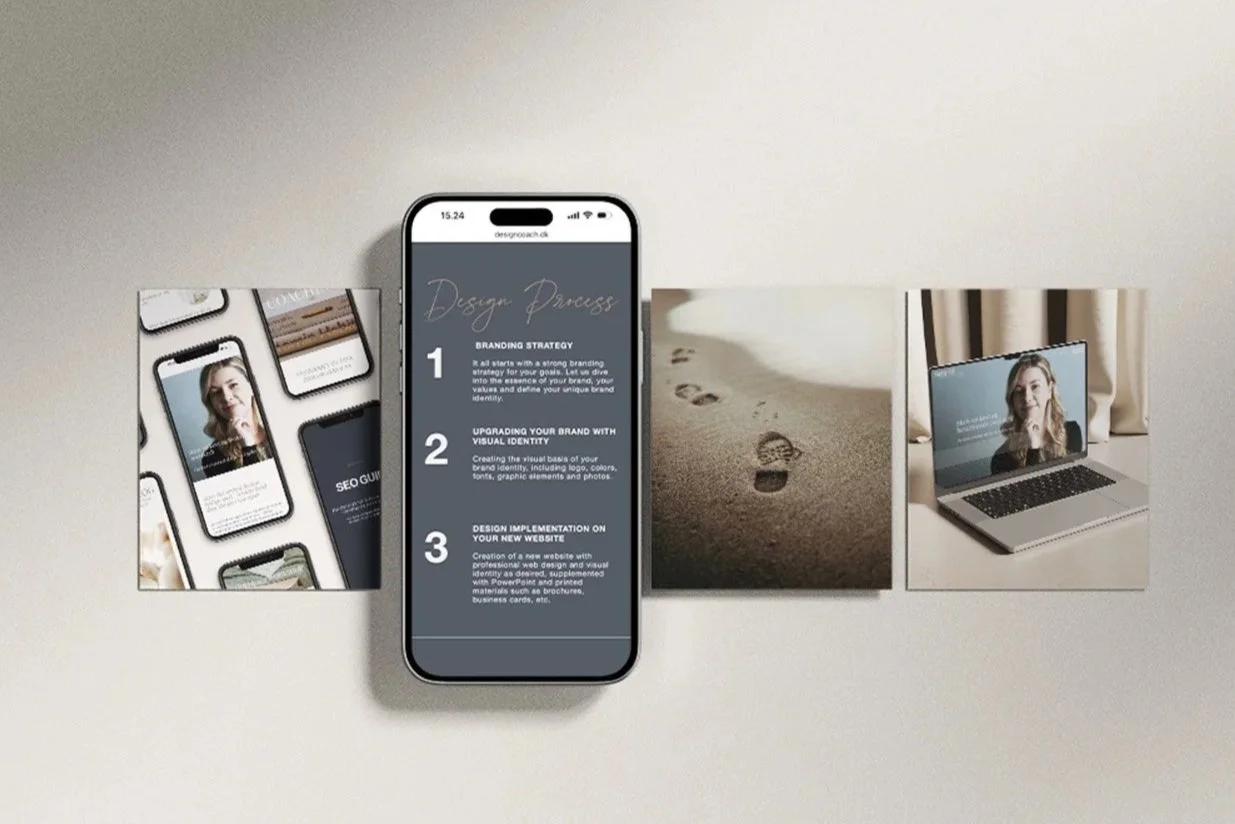 Et fladt layout med fire billeder: en skærm med en designproces, en sandstrand med fodspor, en laptop med en person på skærmen og en mobil med designeksempler.