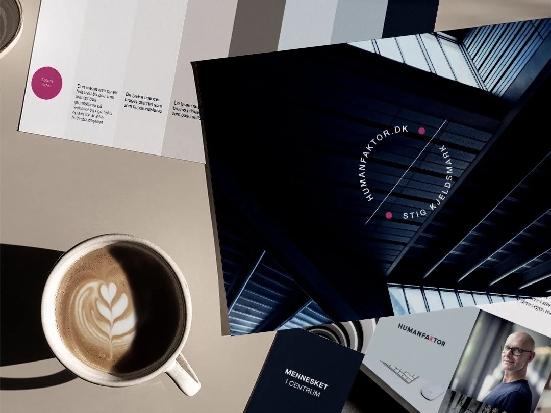 visuel identitet som udgangspunkt til webdesign for humanfaktor.dk med farvepalette, billede ibrandfarve med logo og moodboard
