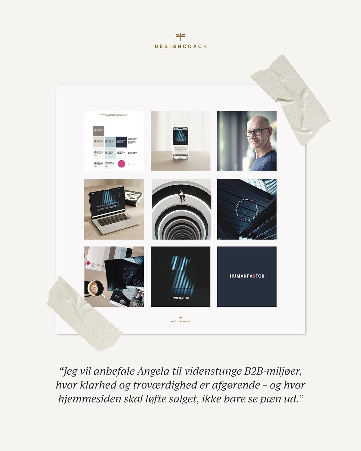 En collage af brand design design udført af webdesigner Angela Lund  med billeder, herunder en smartphone, en laptop, og grafikker, med teksten "HUMANFAKTOR". Det er et designcoach's branding materiale for humanfaktor.dk.