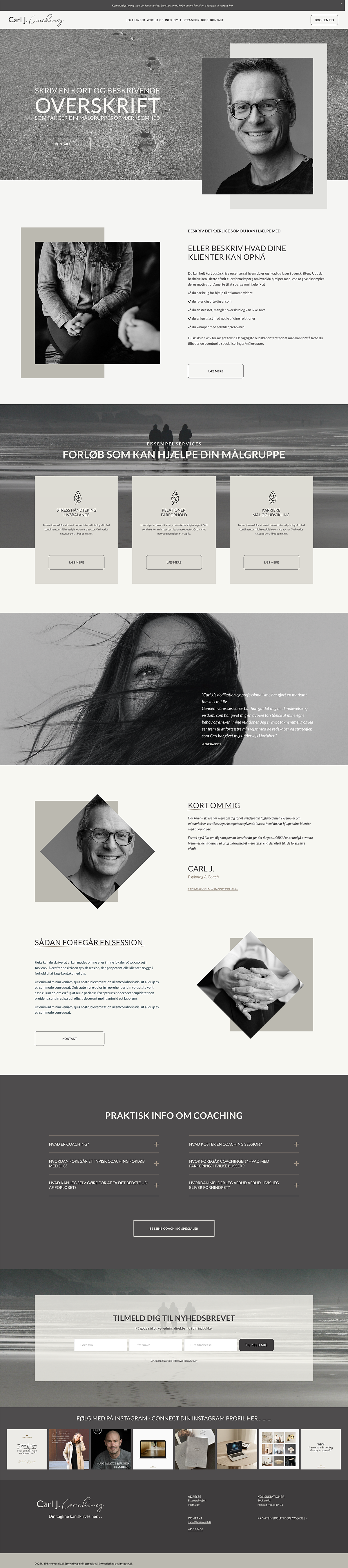Squarespace hjemmesideskabelon med sort-hvide fotos af en terapeut, sat op med professionelt og strategisk design.