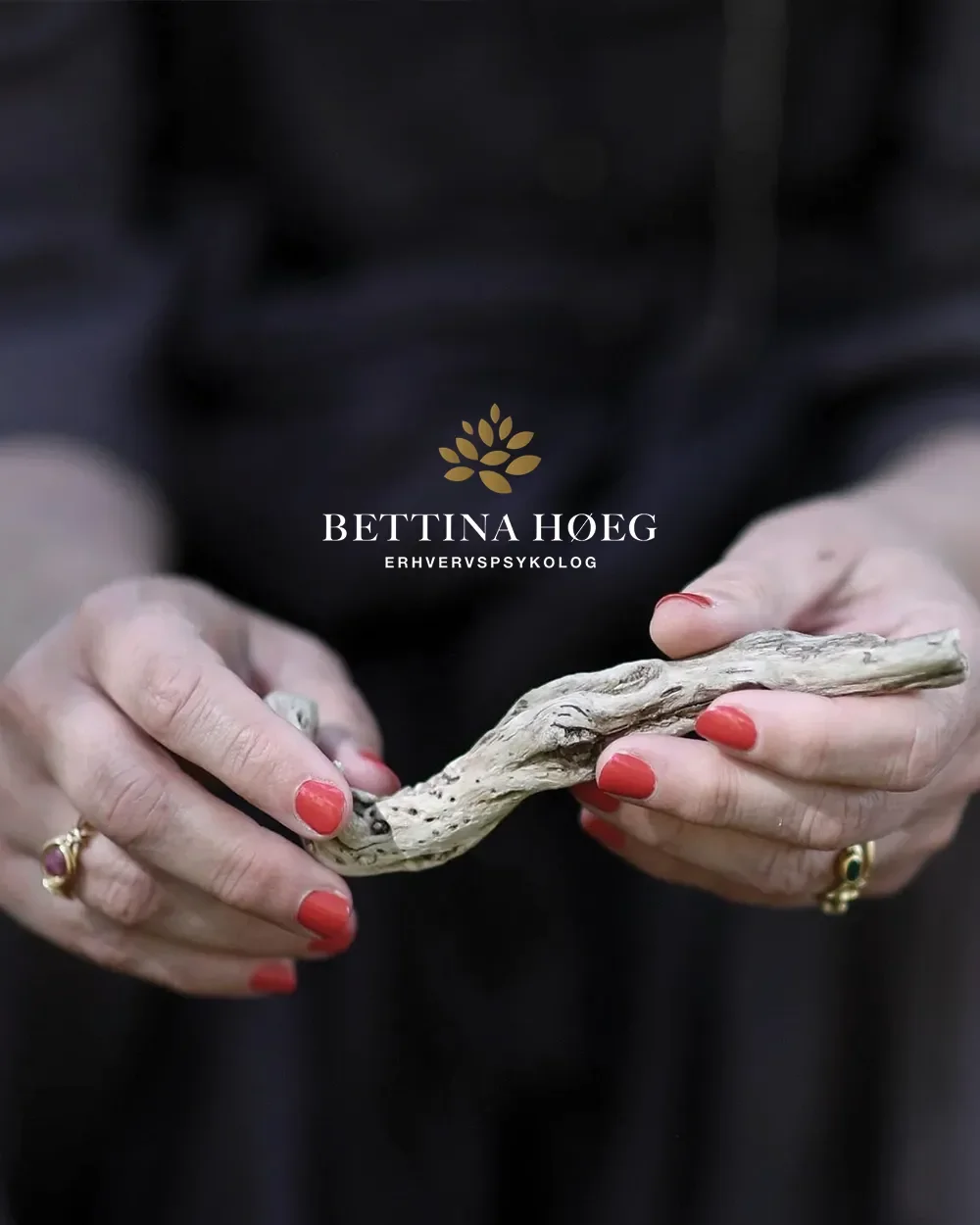 Web design og brandidentitet fo erhvervspsykolog- som der holder et stykke træ med begge hænder, med en logo og tekst for Bettina Høg Erhvervspsykolog i midten af billedet. Personens negle er lakeret røde, og personen bærer ringe.