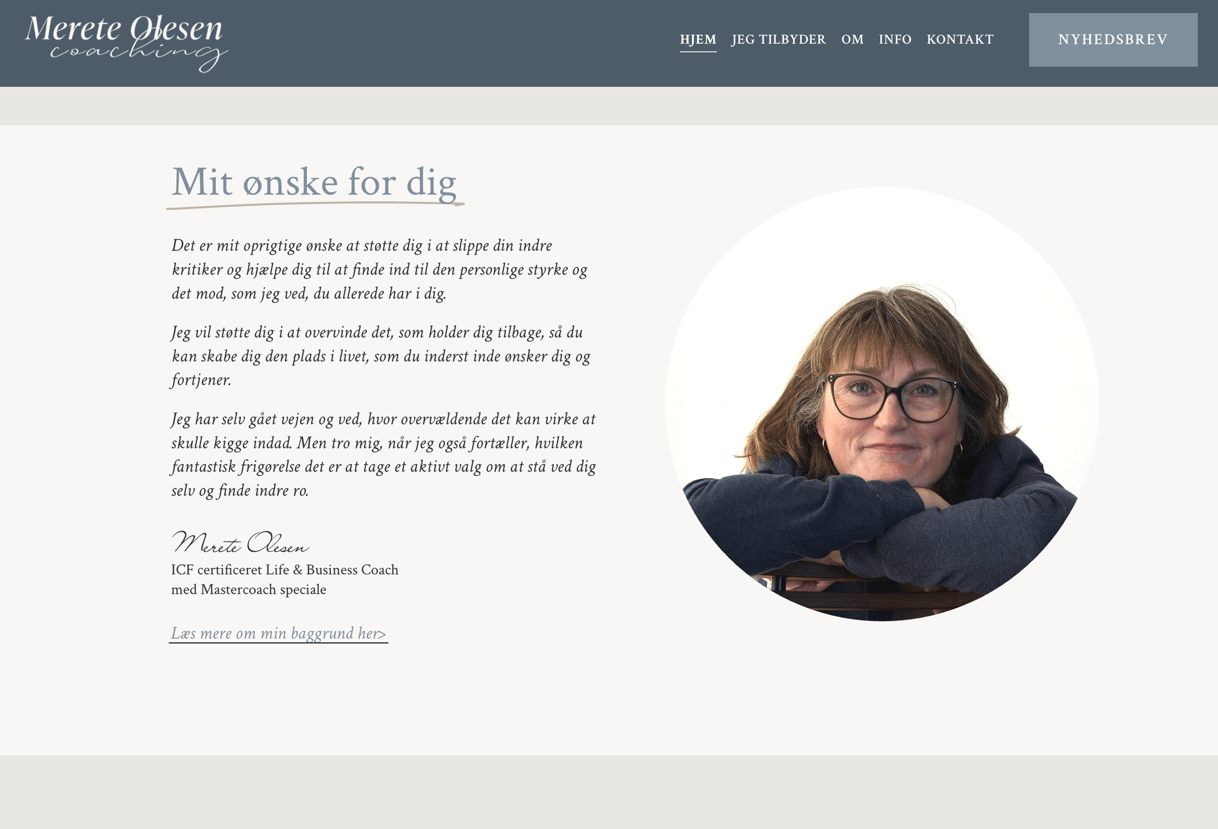 skærmbillede af Merete hjemmeside, som er lavet med Template fra designcoach