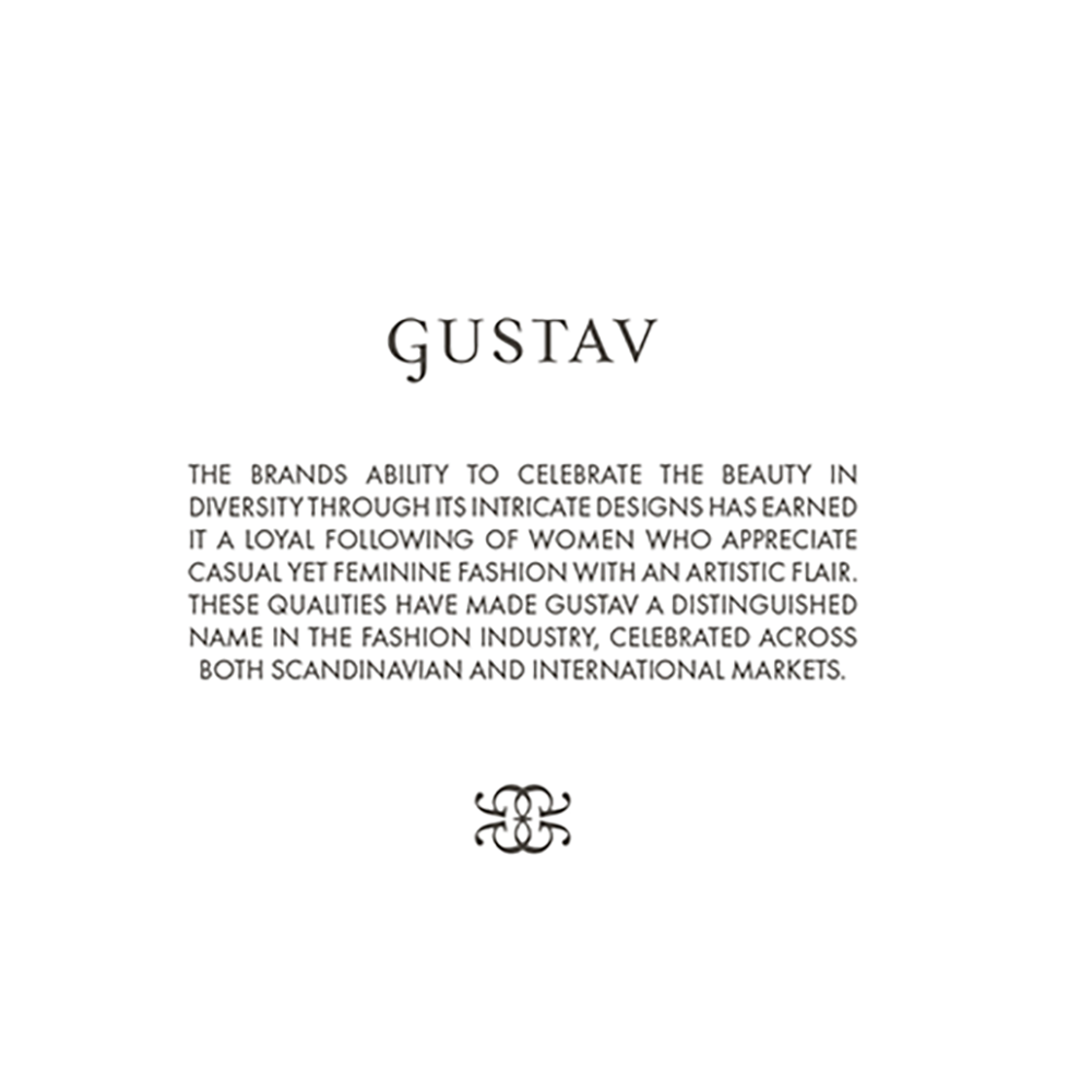 Grafisk design - Tekst om GUSTAV-brandet, der fremhæver dets evne til at fejre skønhed i diversitet gennem delikat design, og dets anerkendelse i modeindustrien i Skandinavien og internationalt.