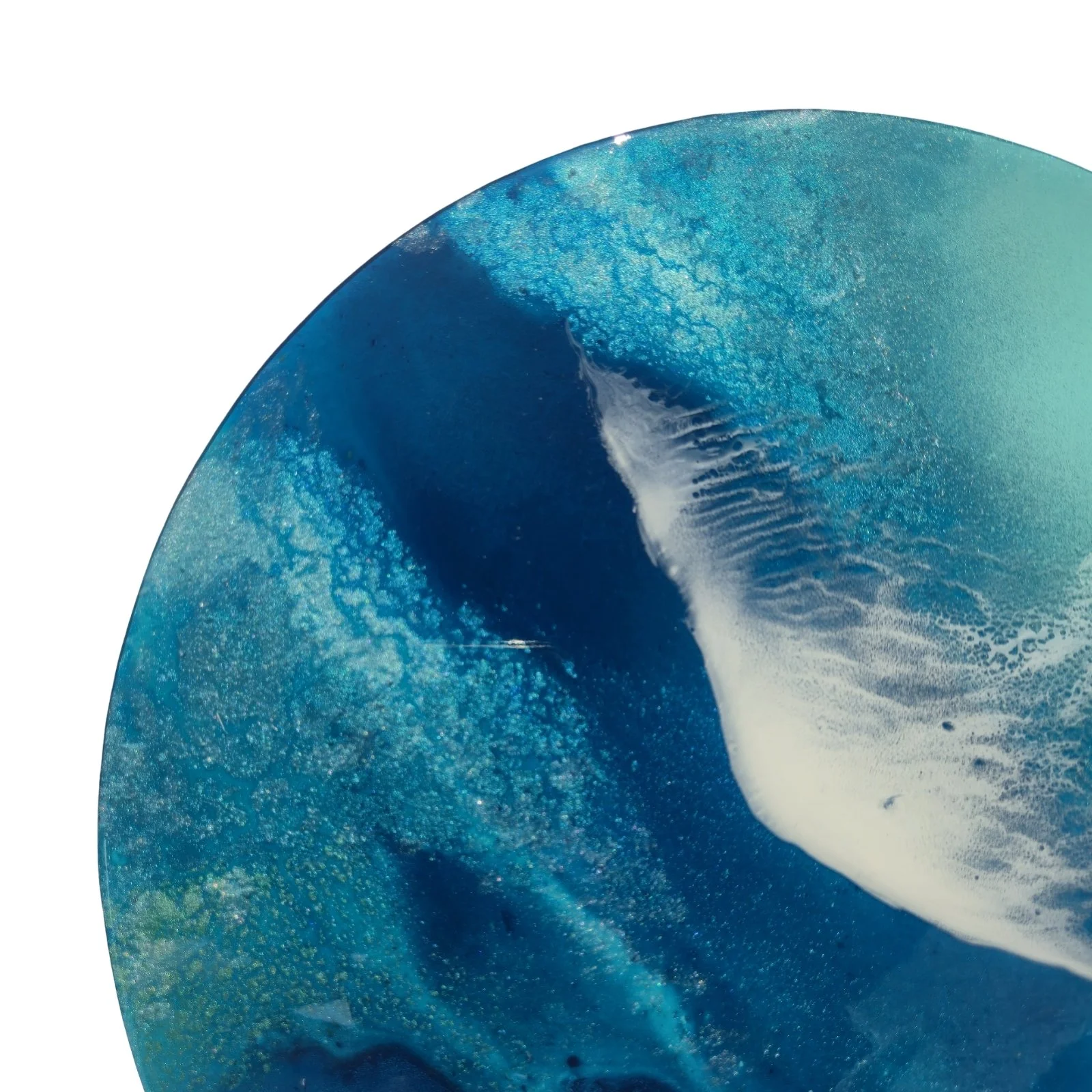 Detail of Easy Tide right edge. Deep navy water and pale foam in textured pearlescent resin.