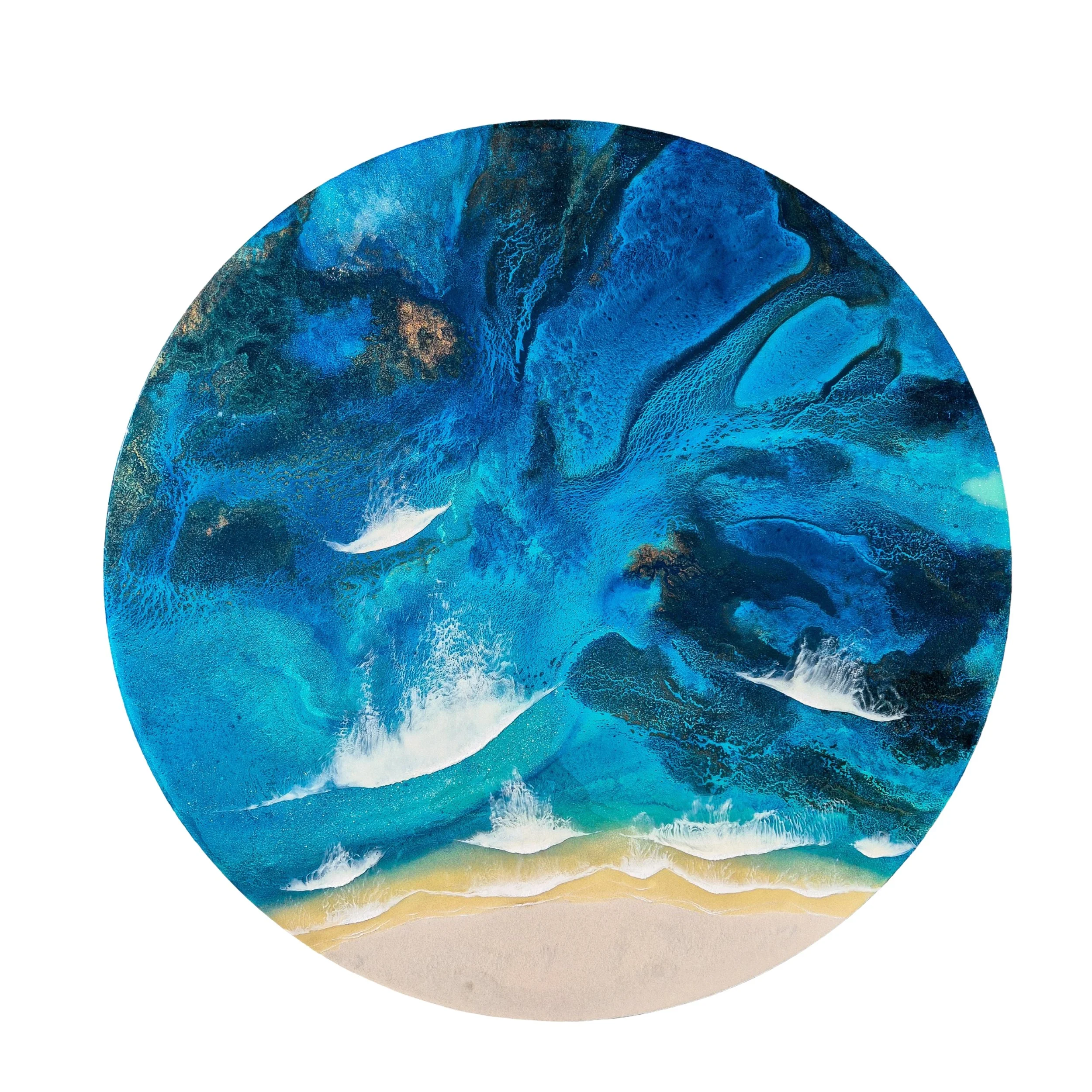 Large round resin artwork with swirling blue ocean textures and sandy shoreline, featuring a high-gloss finish on wood panel.