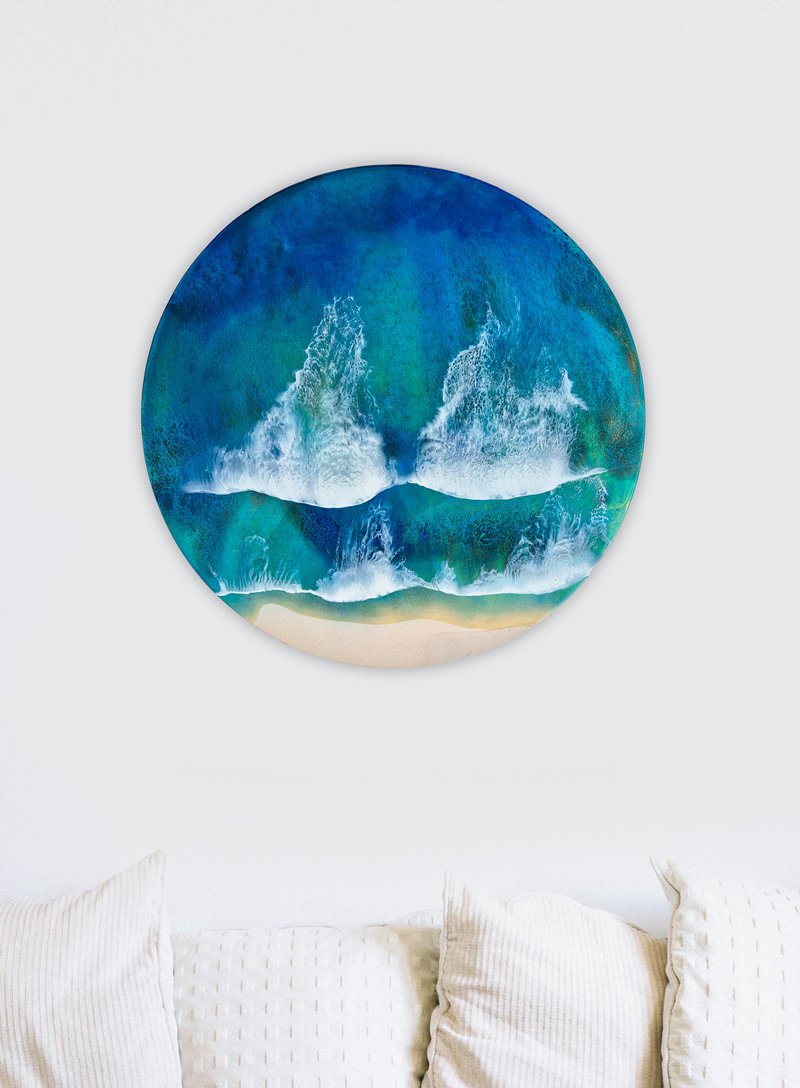 Ocean-inspired resin painting in a room with turquoise and emerald tones, perfect for beach lovers.