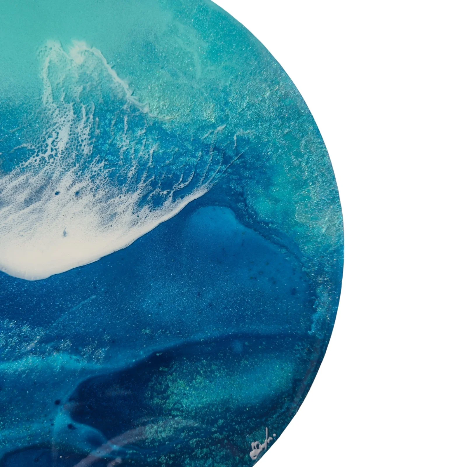 Close-up of Easy Tide. White foam wave detail across teal and navy resin layers.