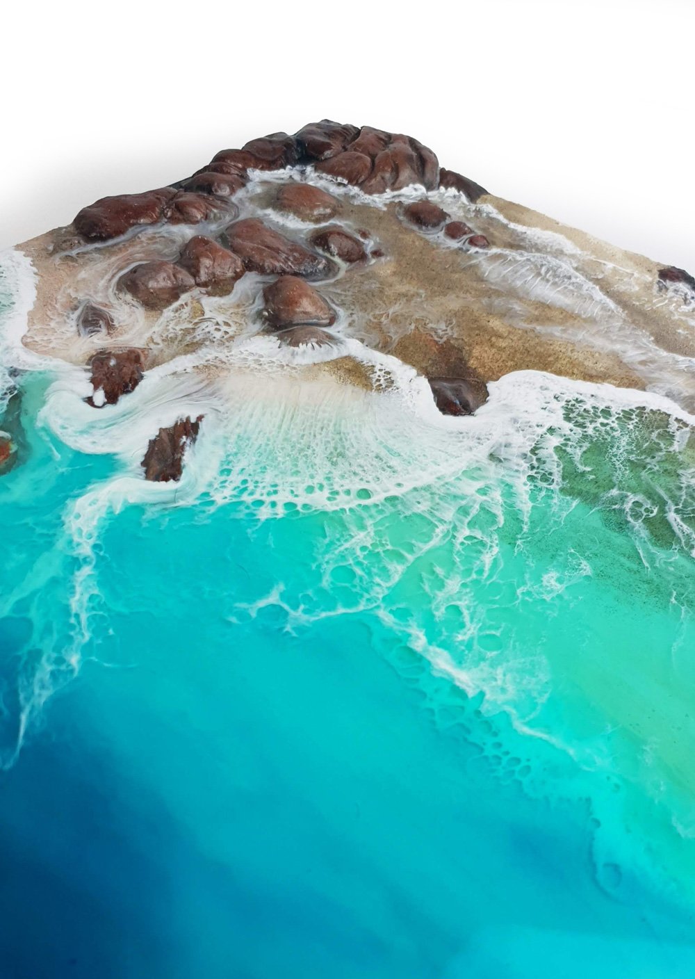 Close-up of "Emerald Shoreline," a 45cm resin artwork featuring vivid aqua tones, rocky textures, and a high-gloss finish.