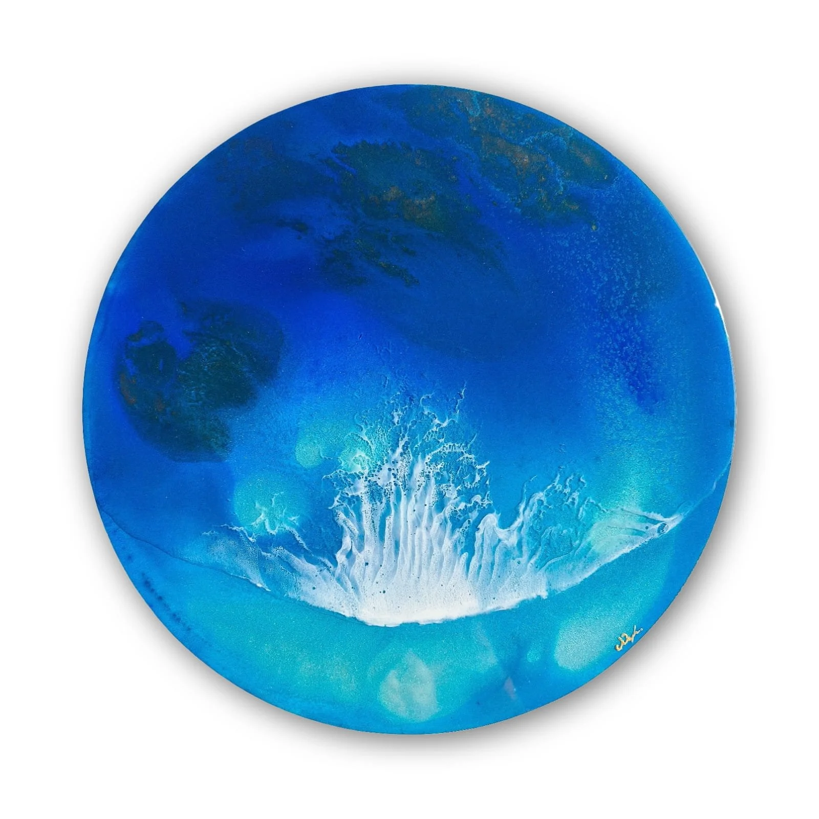 Round resin artwork with gradient blues, turquoise, and white foam texture, inspired by sunlight through ocean water.