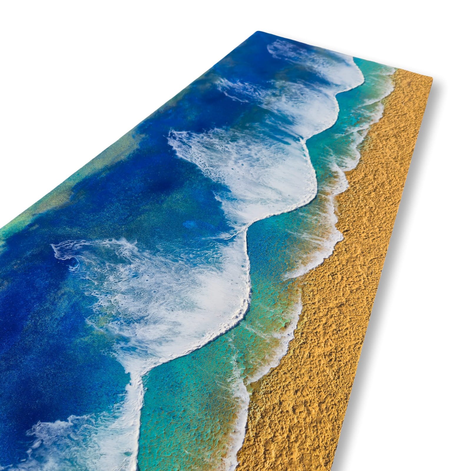 Rectangular ocean wall art with four rolling waves in deep blue, turquoise, and golden sand on textured shoreline.