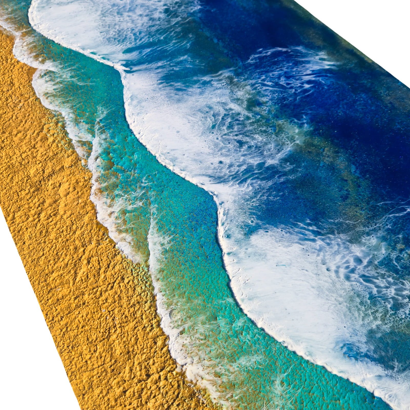 Rectangular ocean wall art with four rolling waves in deep blue, turquoise, and golden sand on textured shoreline.