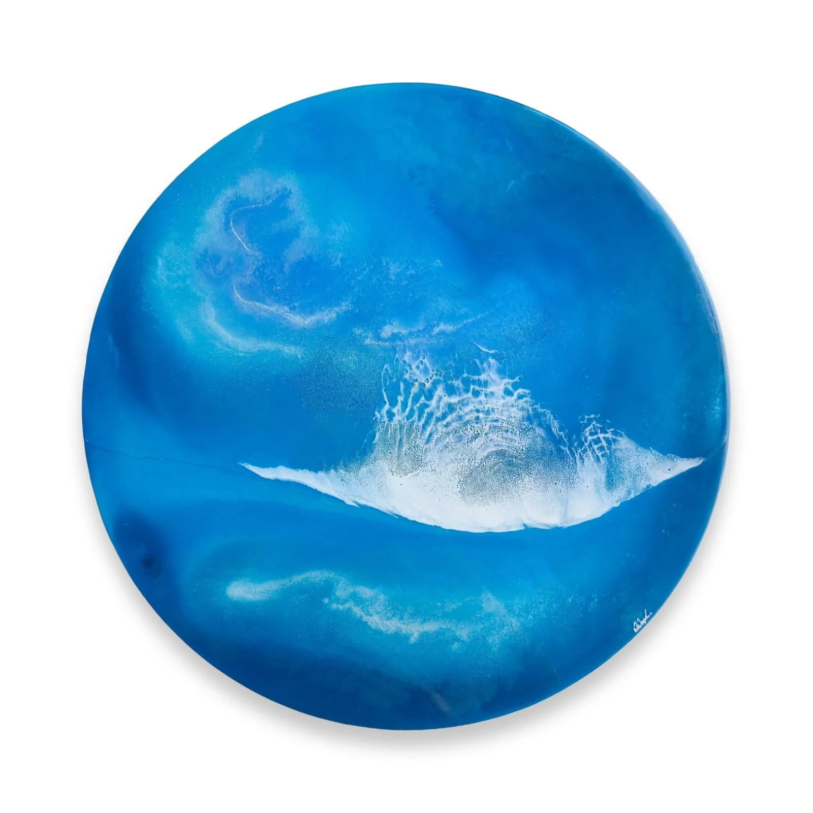 Round resin artwork featuring bright turquoise ocean water with curved white foam wave and detailed spray texture.