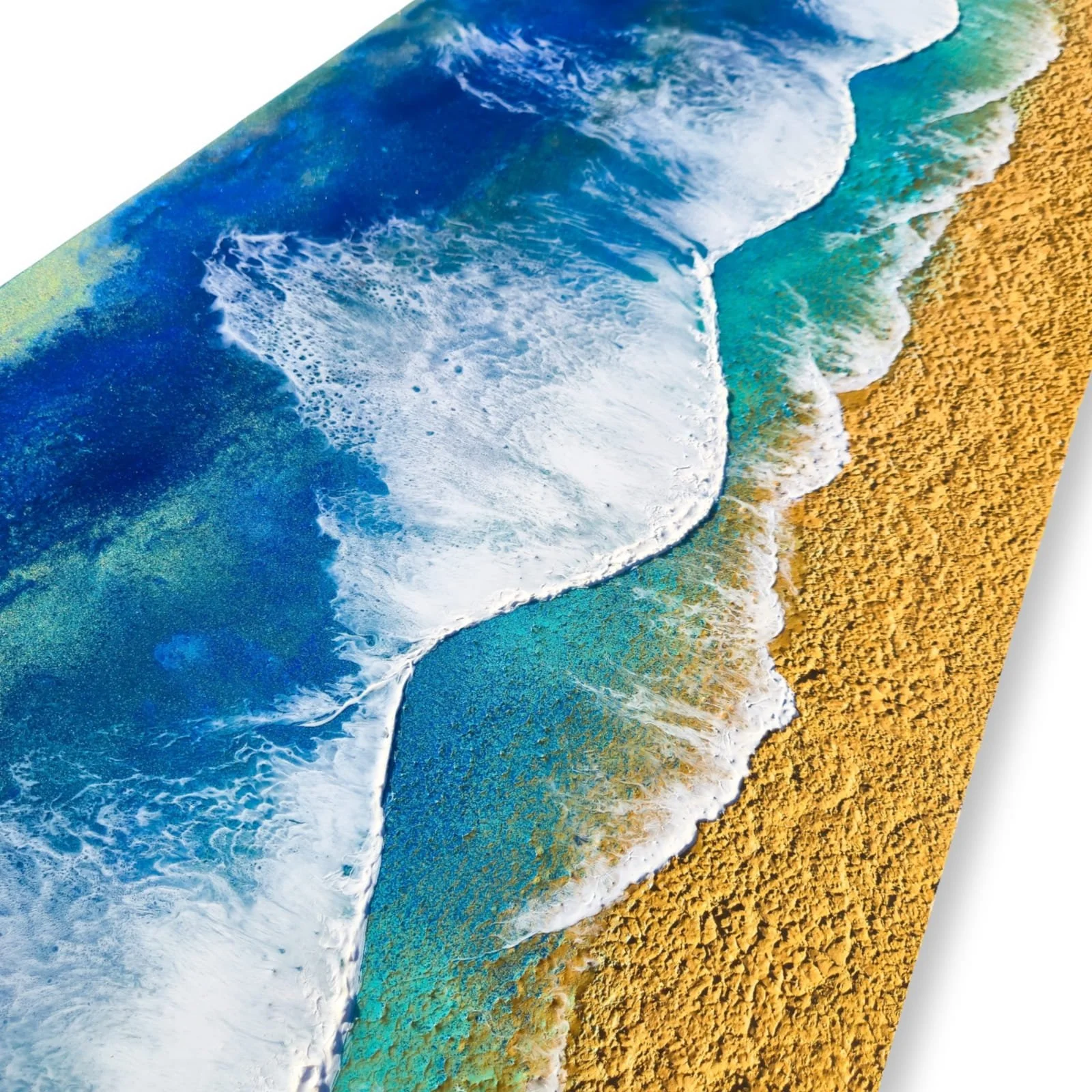 Rectangular ocean wall art with four rolling waves in deep blue, turquoise, and golden sand on textured shoreline.