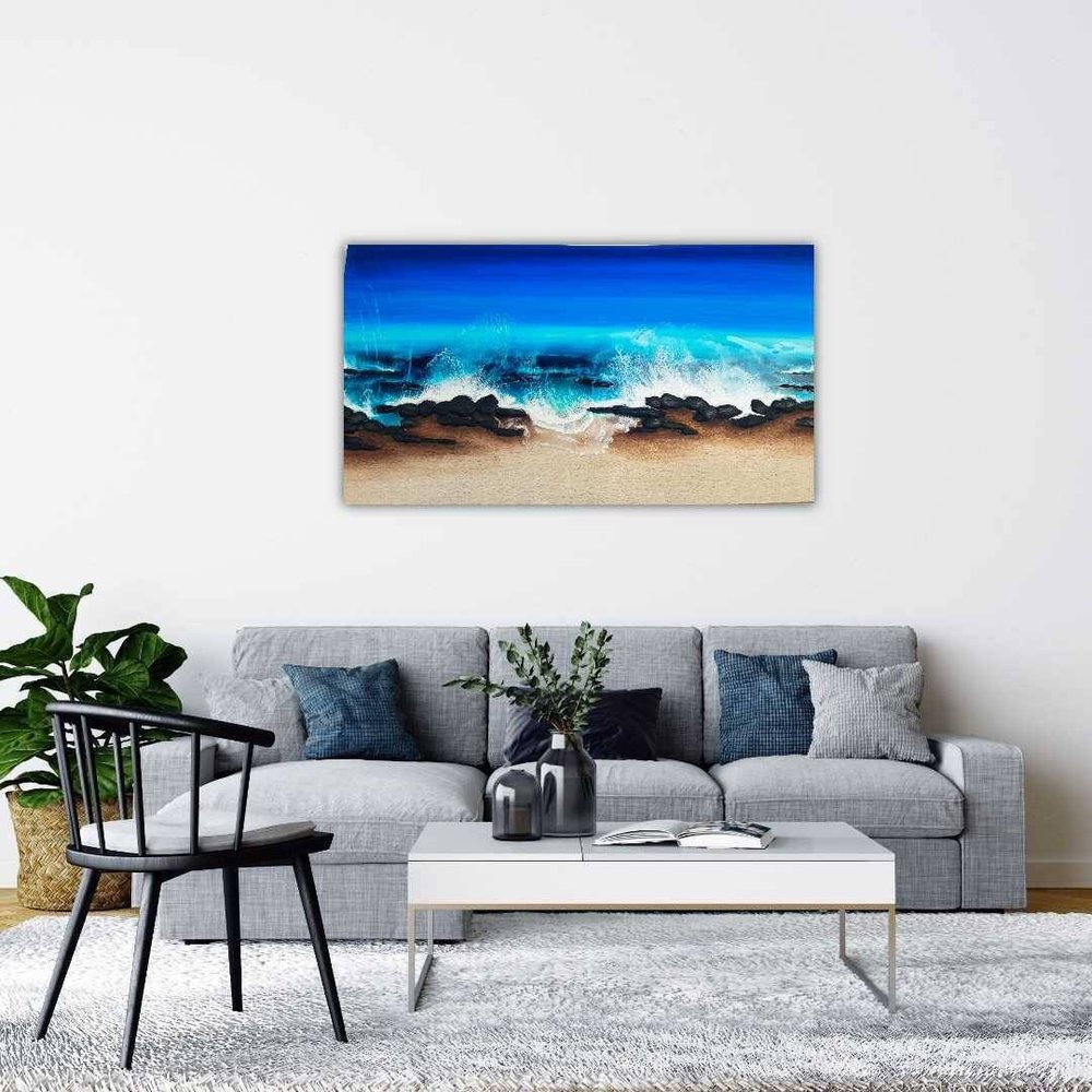 Resin artwork featuring vibrant blue ocean waves and sand tones, ocean inspired.