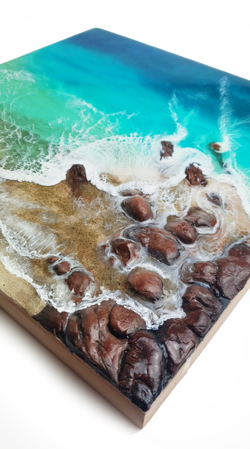 Close-up of "Emerald Shoreline," a 45cm resin artwork featuring vivid aqua tones, rocky textures, and a high-gloss finish.
