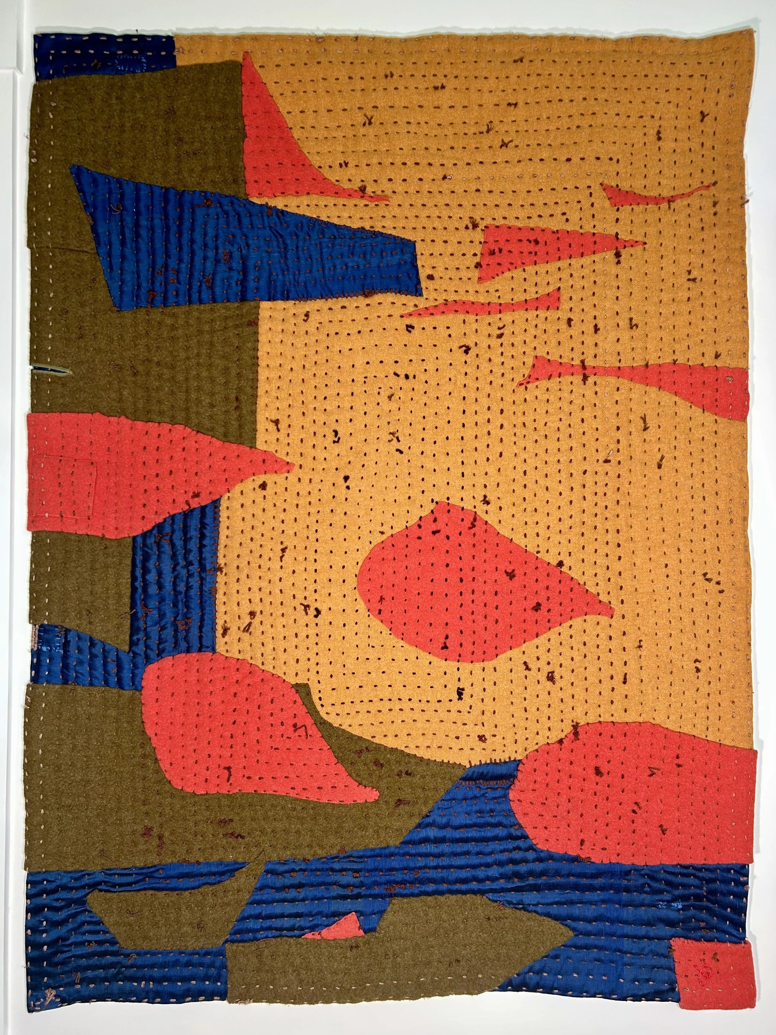 Artful wall tapestry in coral, olive and mustard wool coats, vintage silk, wool and cotton yarn  Hand pieced and hand quilted