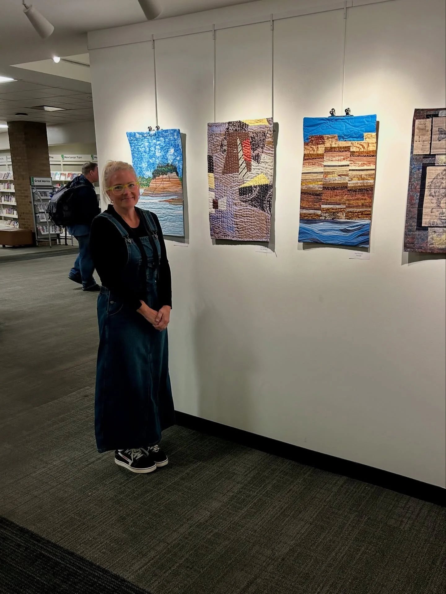 RiverSong!  A SAQA exhibit -tonite was the closing reception @downersgrovelibrary we had a wonderful time meeting each other and talking about art!  This exhibit will travel for two years through the Midwest with stops in Oak Park, McHenry and Green 