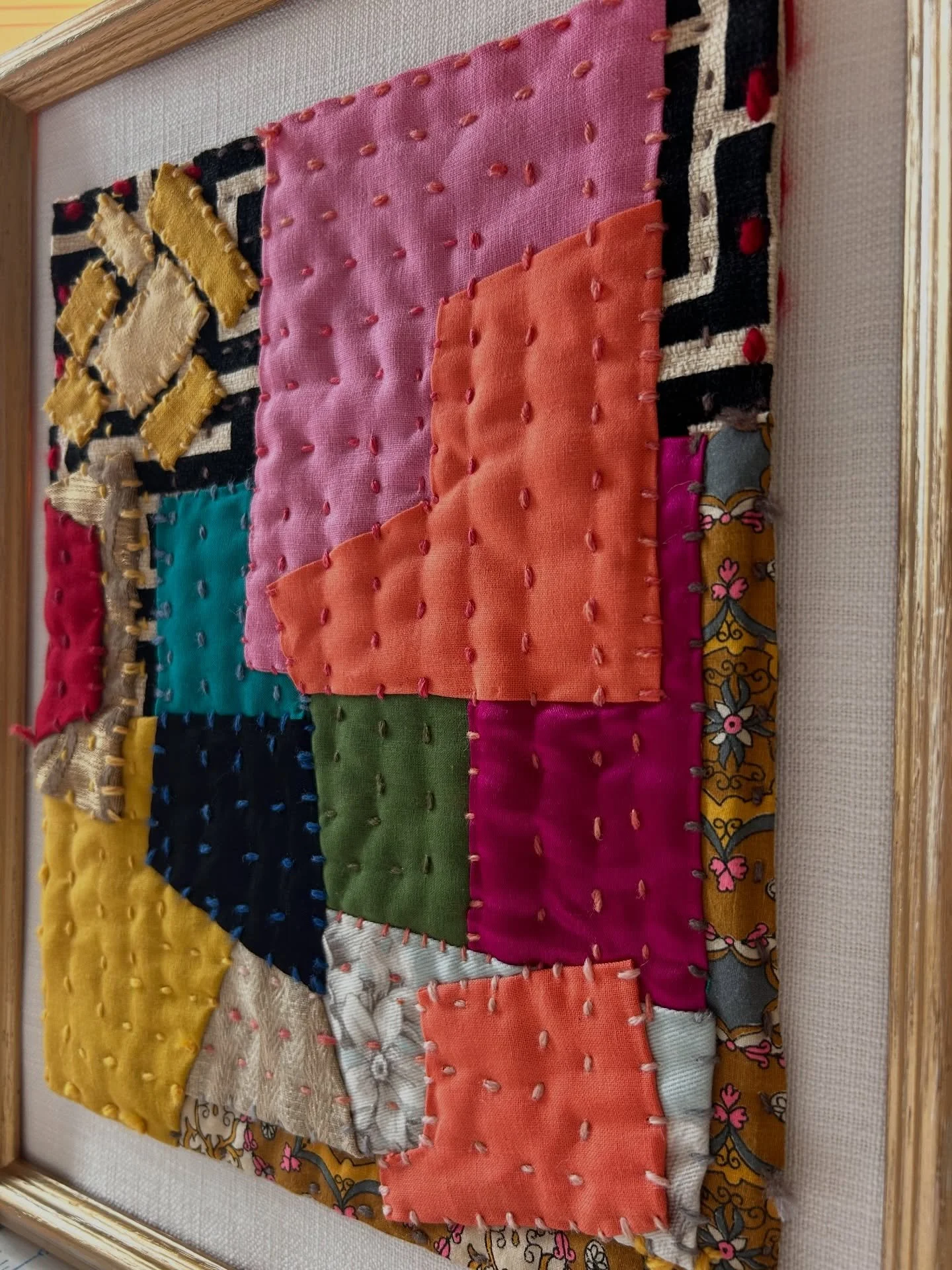 Peach Bistro
12.5&rdquo; x 15.5&rdquo; x 1.5&rdquo;
silk, linen, vintage cotton, wool / silk yarn

The Peach Bistro awaits out on the patio an ariel view of the table and chairs while the navy kite of silk soars in the summer sky.  The perfect day in