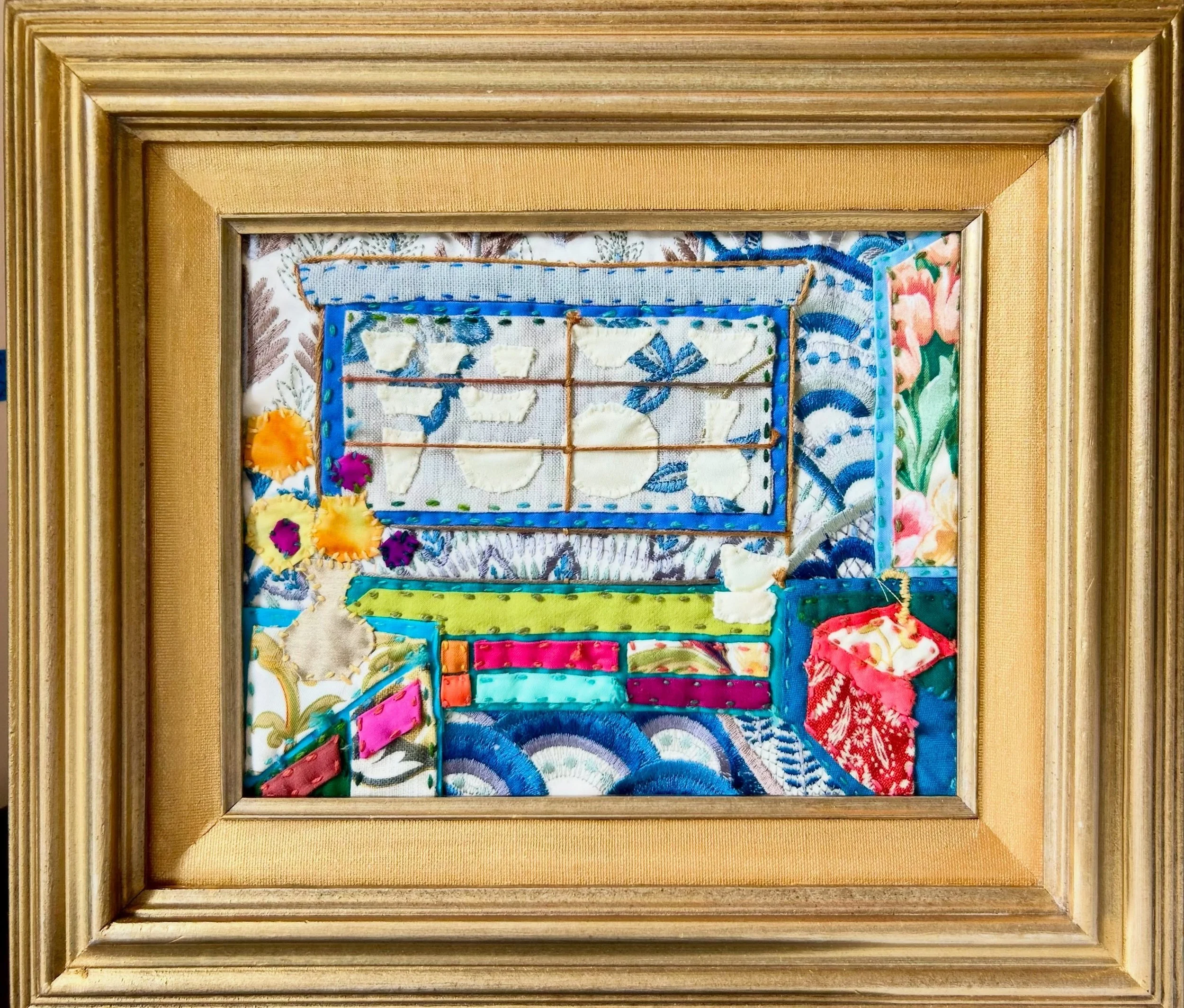 Gilded Faucet and Everyday Dishes
13 1/2&rdquo; x 15 1/2&rdquo; framed
textile / silk &amp; wool yarn

A small studio sample part of the Vignette series of works -a hip addition to a cozy space or kitchen 

*Dm for shipping info not uploaded to websi