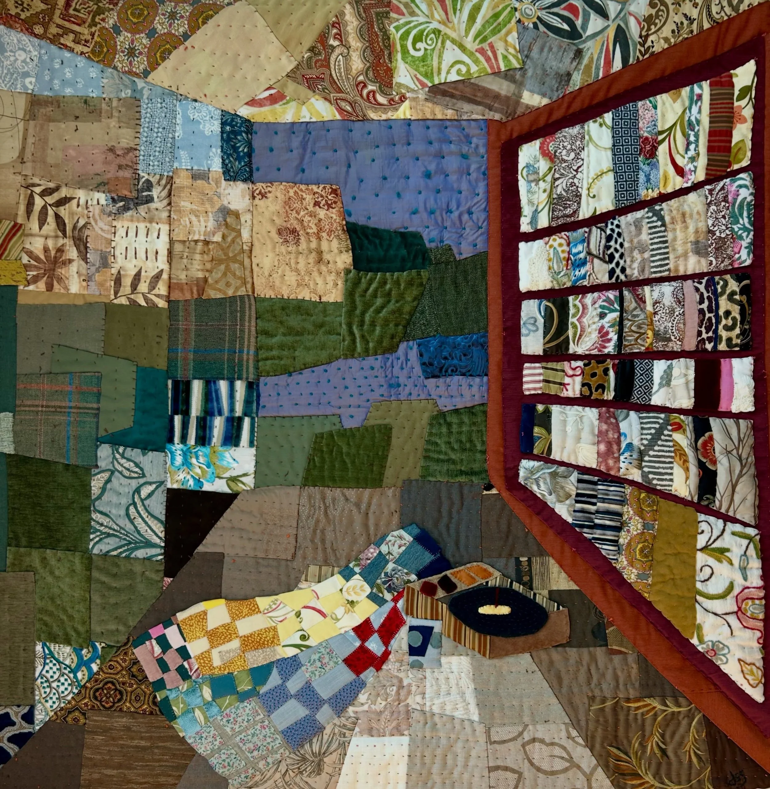 Revelry by the Sea
59&rdquo; &times; 59&rdquo;
textiles / yarn

Revelry by the Sea is an entirely hand-quilted textile artwork composed of unique upholstery fabrics and velvets sourced from fine furniture makers. Through expansive seaside windows, el