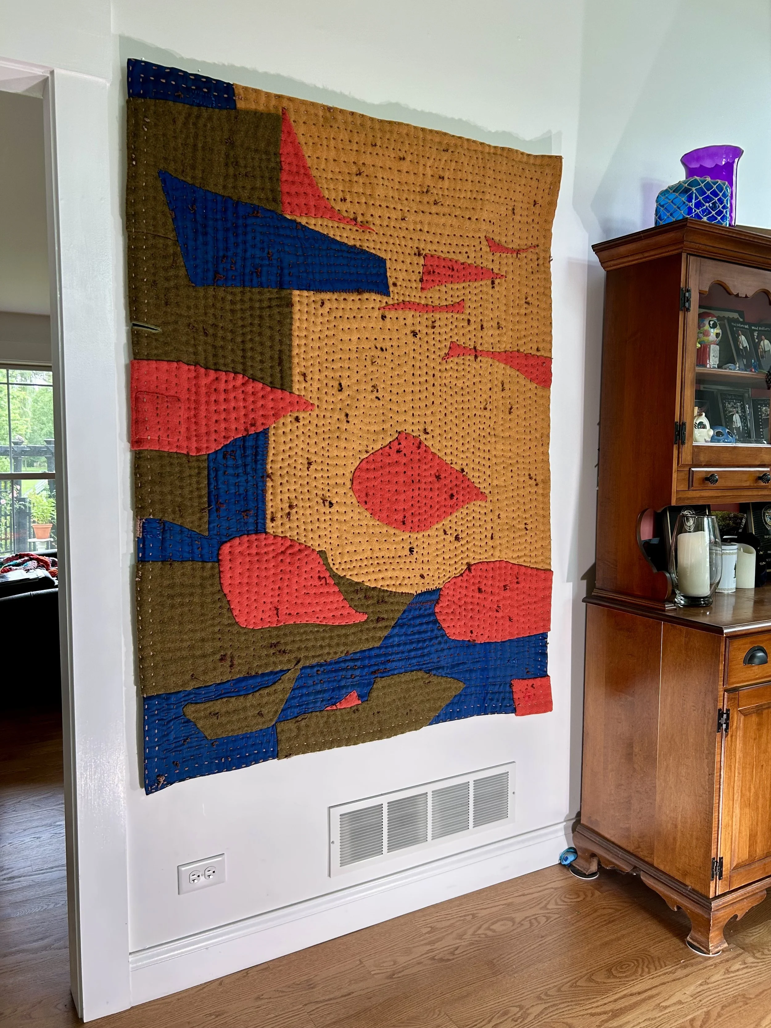 Artful wall tapestry in coral, olive and mustard wool coats, vintage silk, wool and cotton yarn  Hand pieced and hand quilted