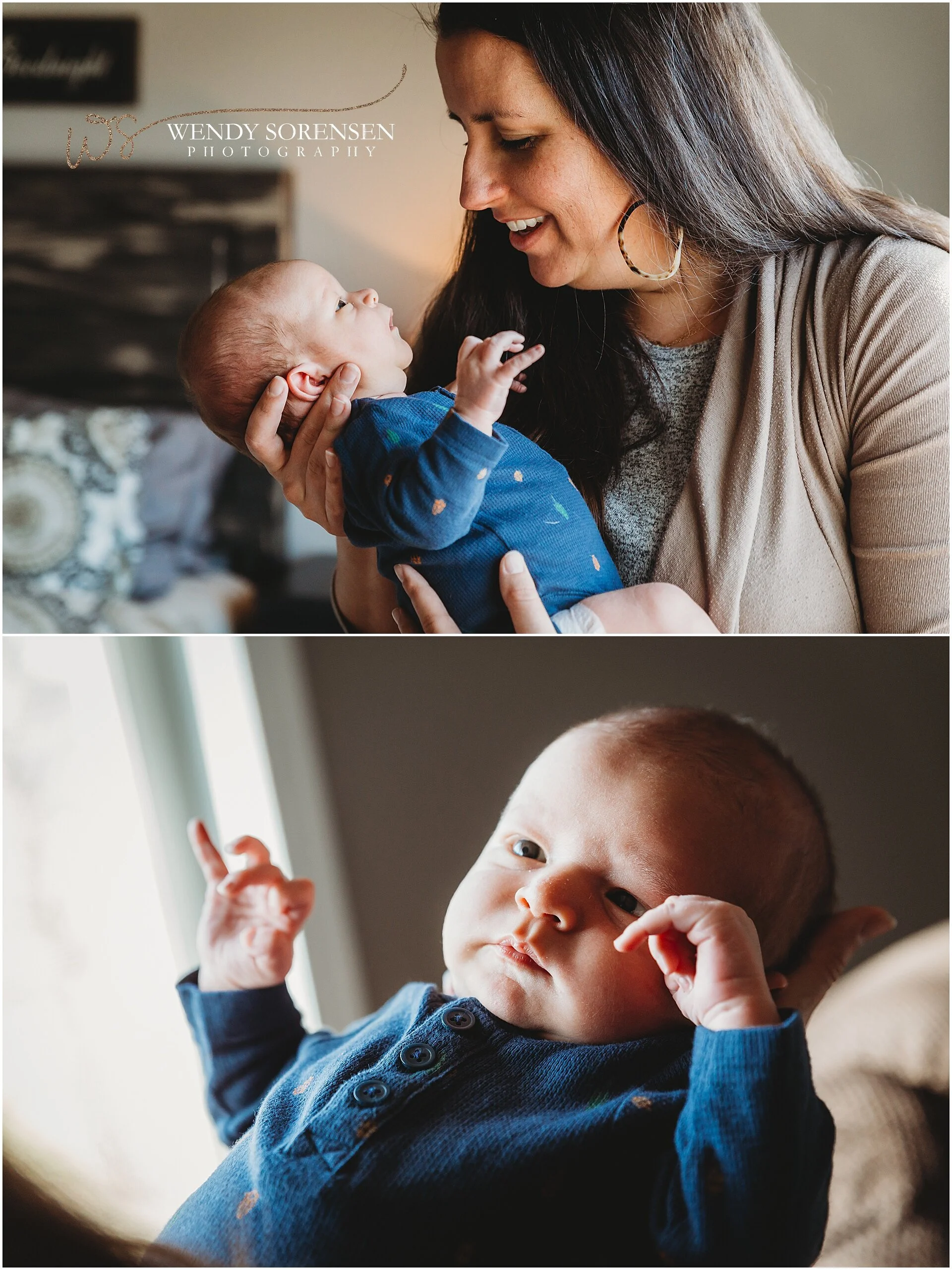 Newborn baby with mom smiling gently at him in Des Moines, Iowa.