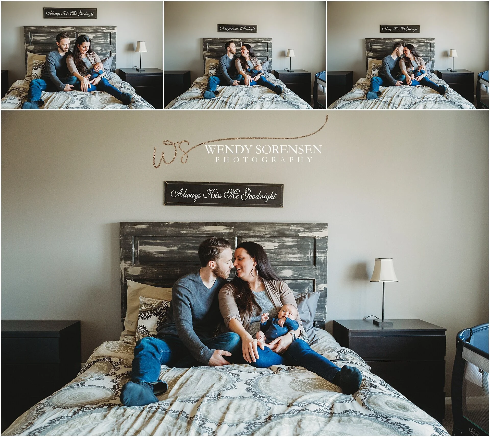 Mom and dad sitting on their bed, holding their newborn baby in Des Moines.