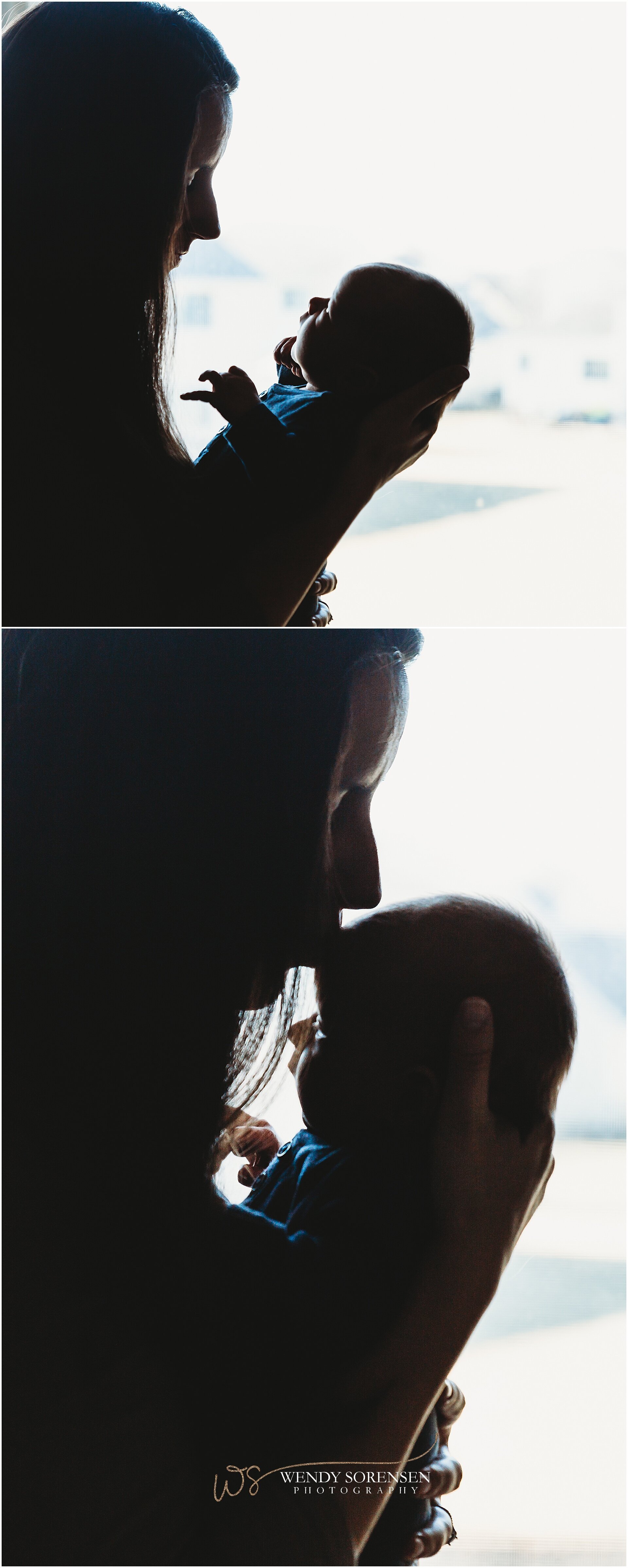 Silhouette of newborn baby and mother.