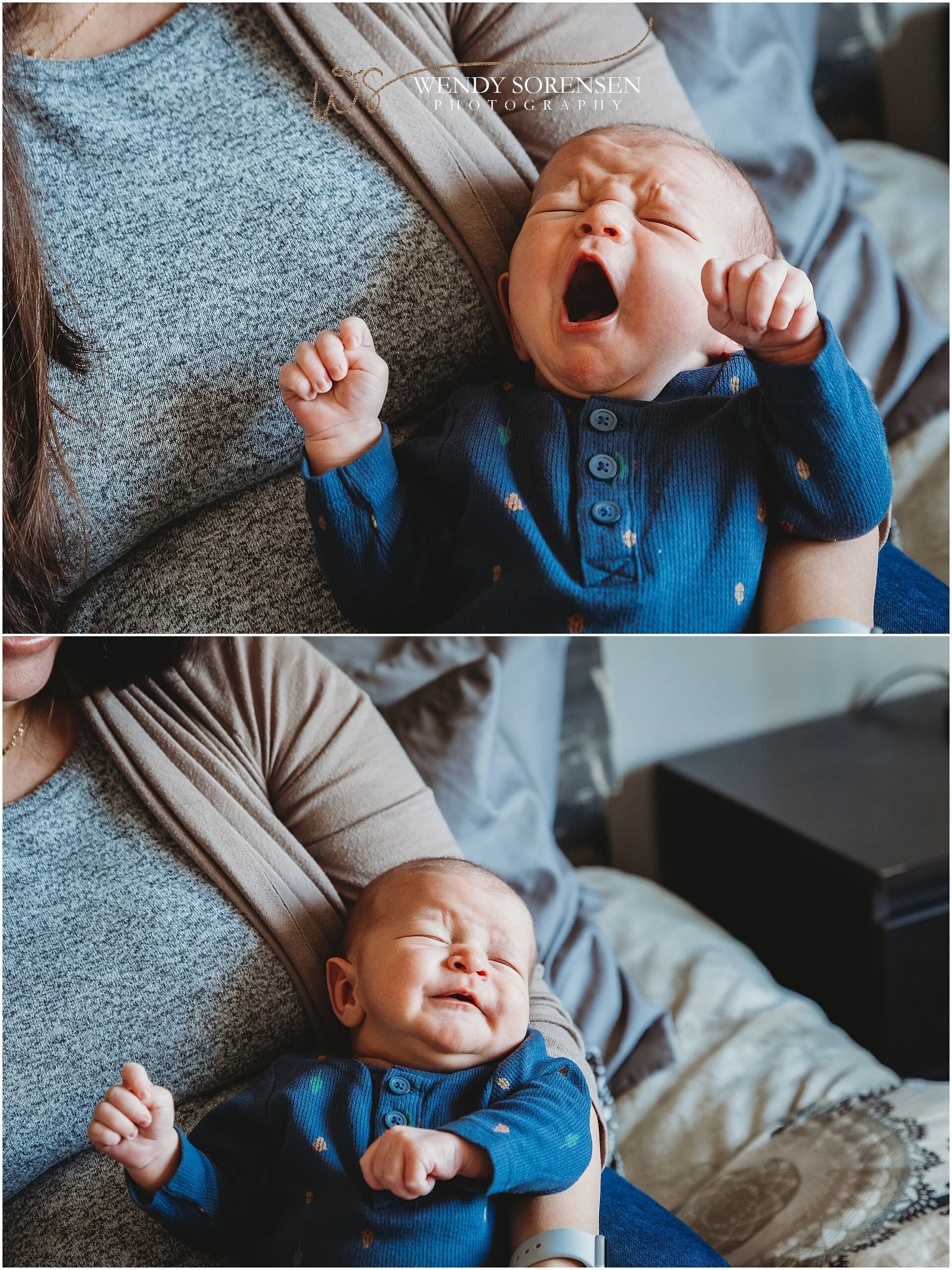 Newborn baby yawning in his mother's arms.