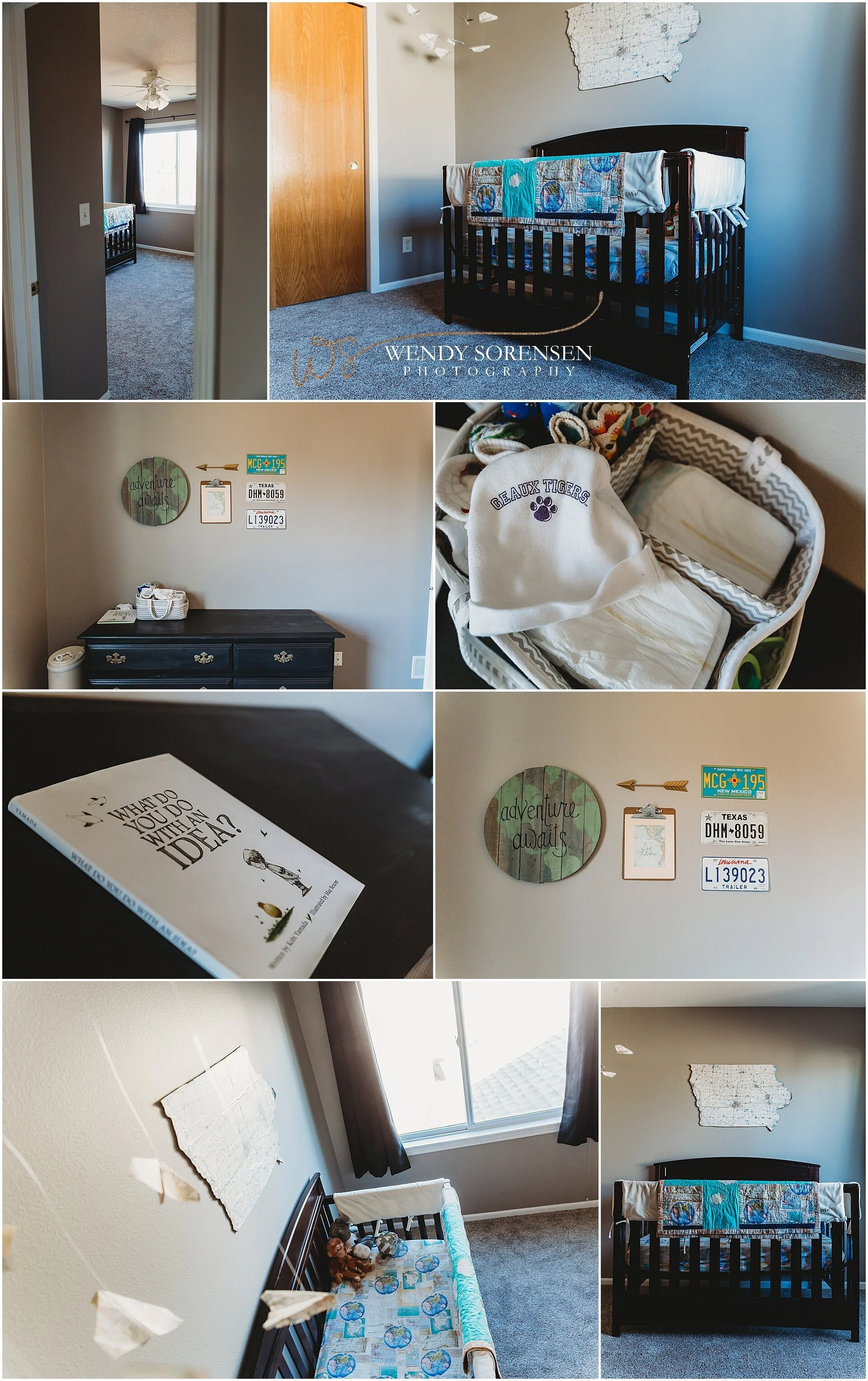 Baby nursery with an Iowa map on the wall above the crib, and license plates on the wall.
