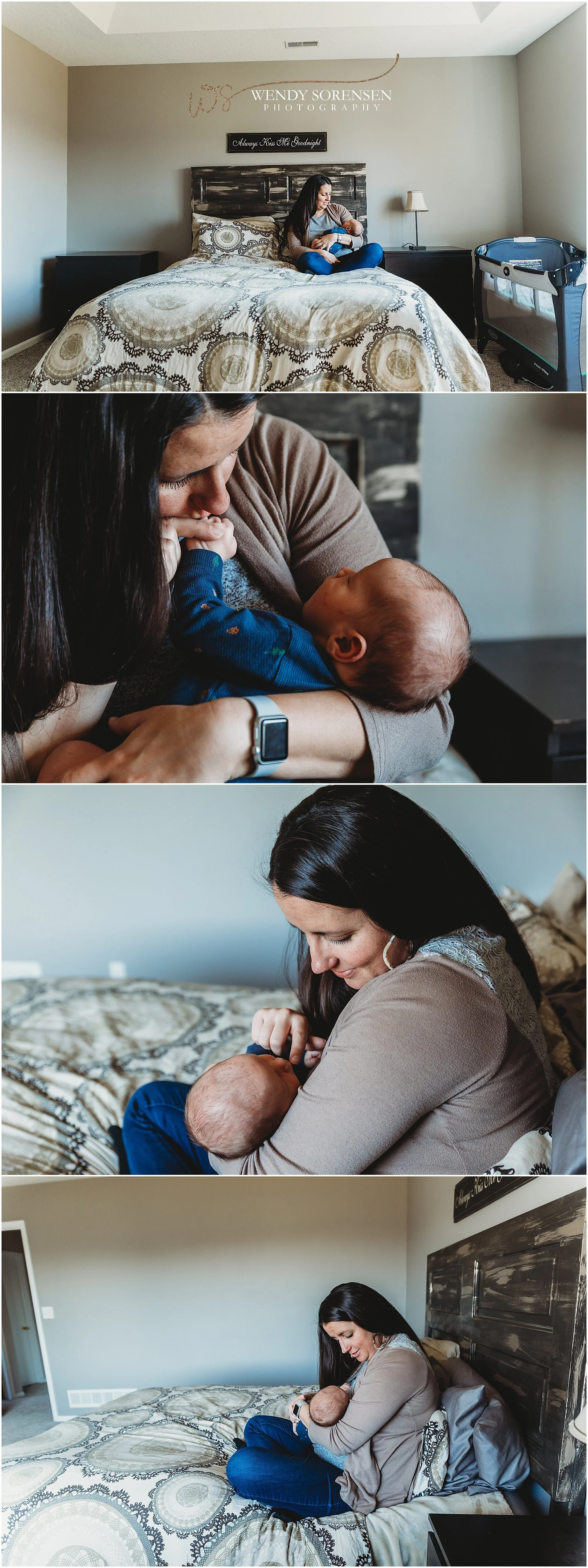 Mom sitting on bed holding her newborn baby in Des Moines.
