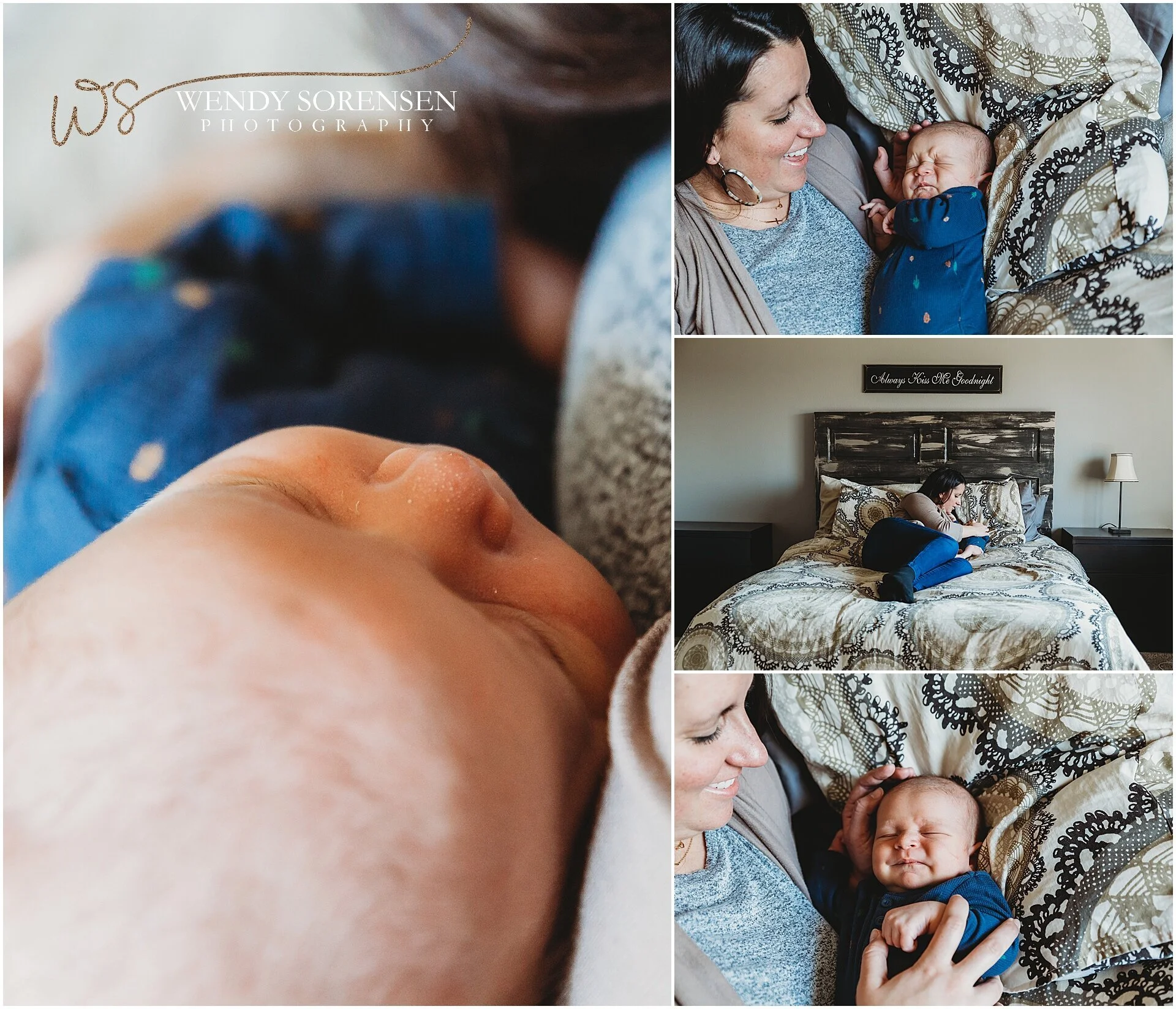 Mom holding newborn infant on her bed.