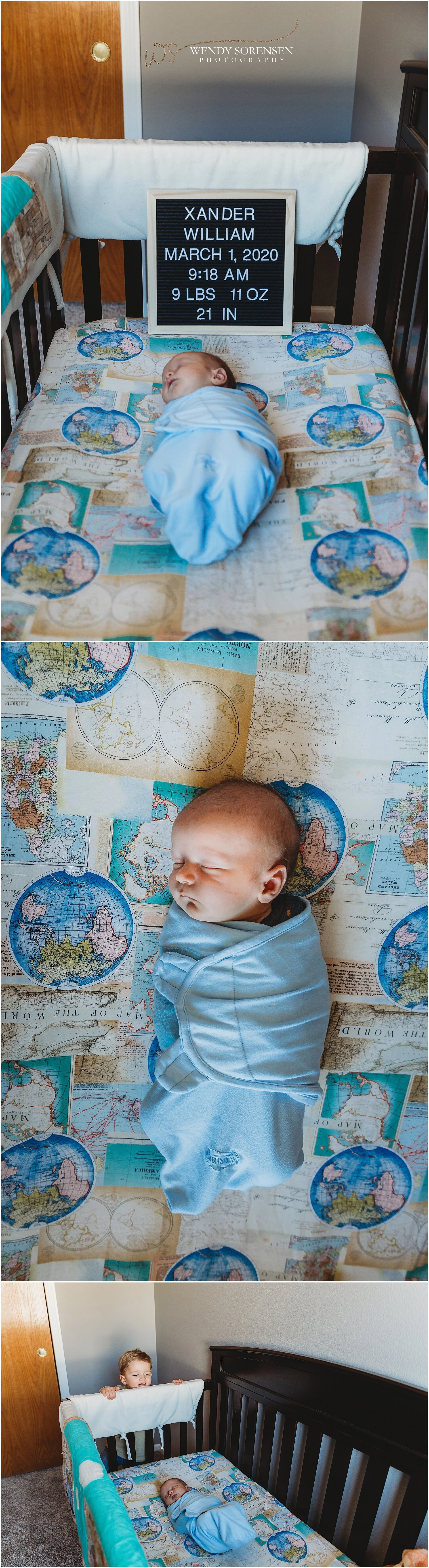 Newborn baby laying in his crib with pictures of maps on the crib sheet.