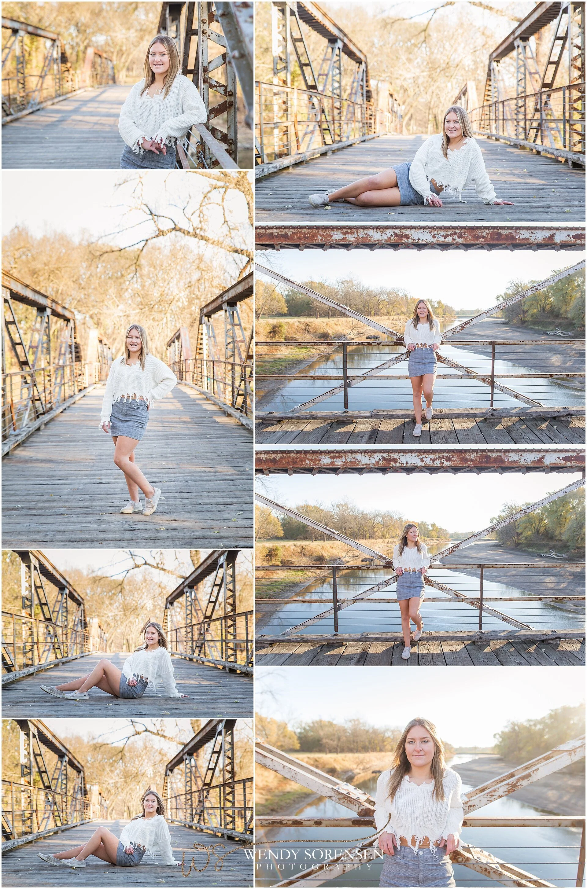Senior girl posing on the wooden bridge over the Raccoon River in Waterworks Park, Des Moines.