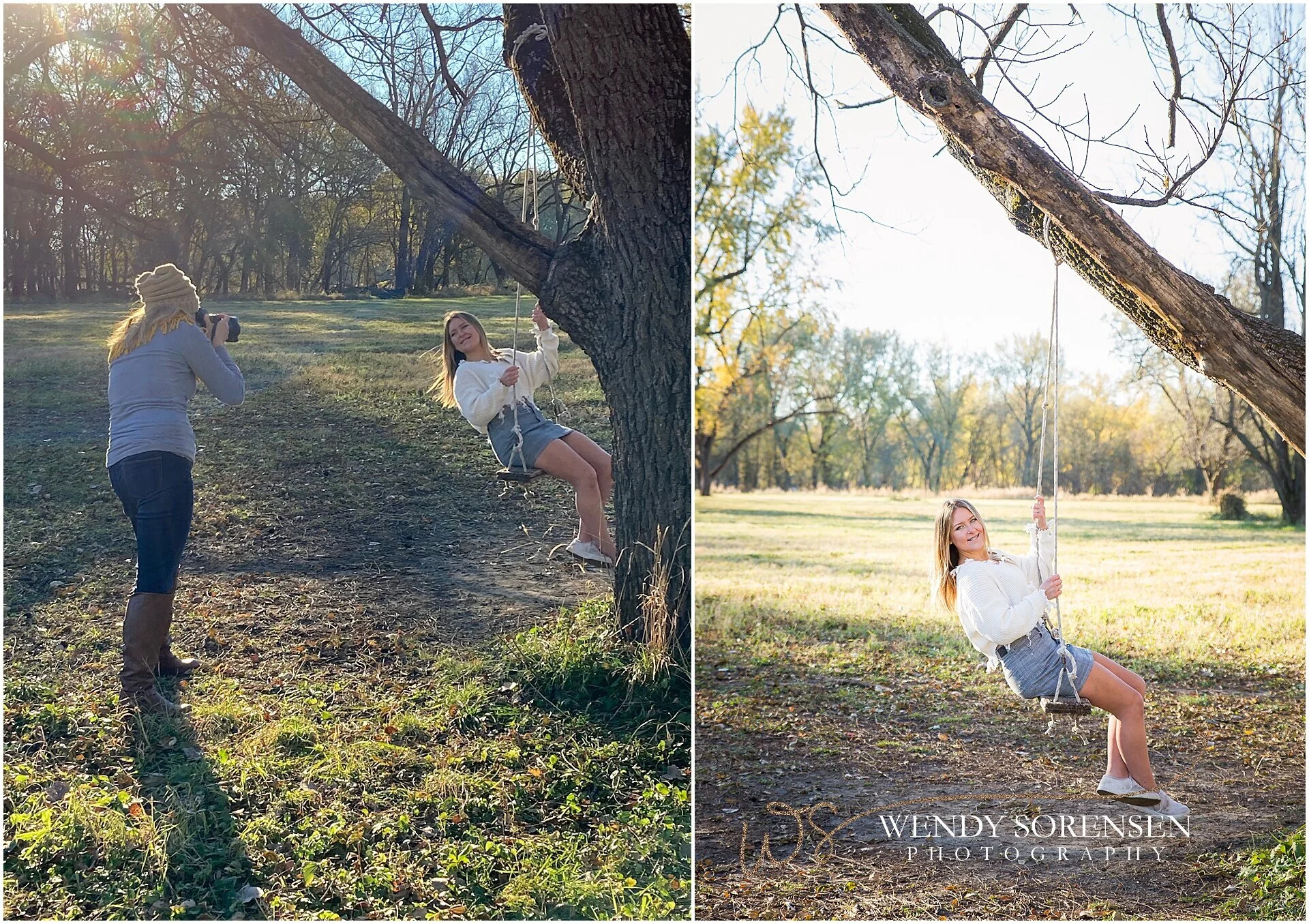 Senior girl on a tree swing in Waterworks Park, Des Moines.