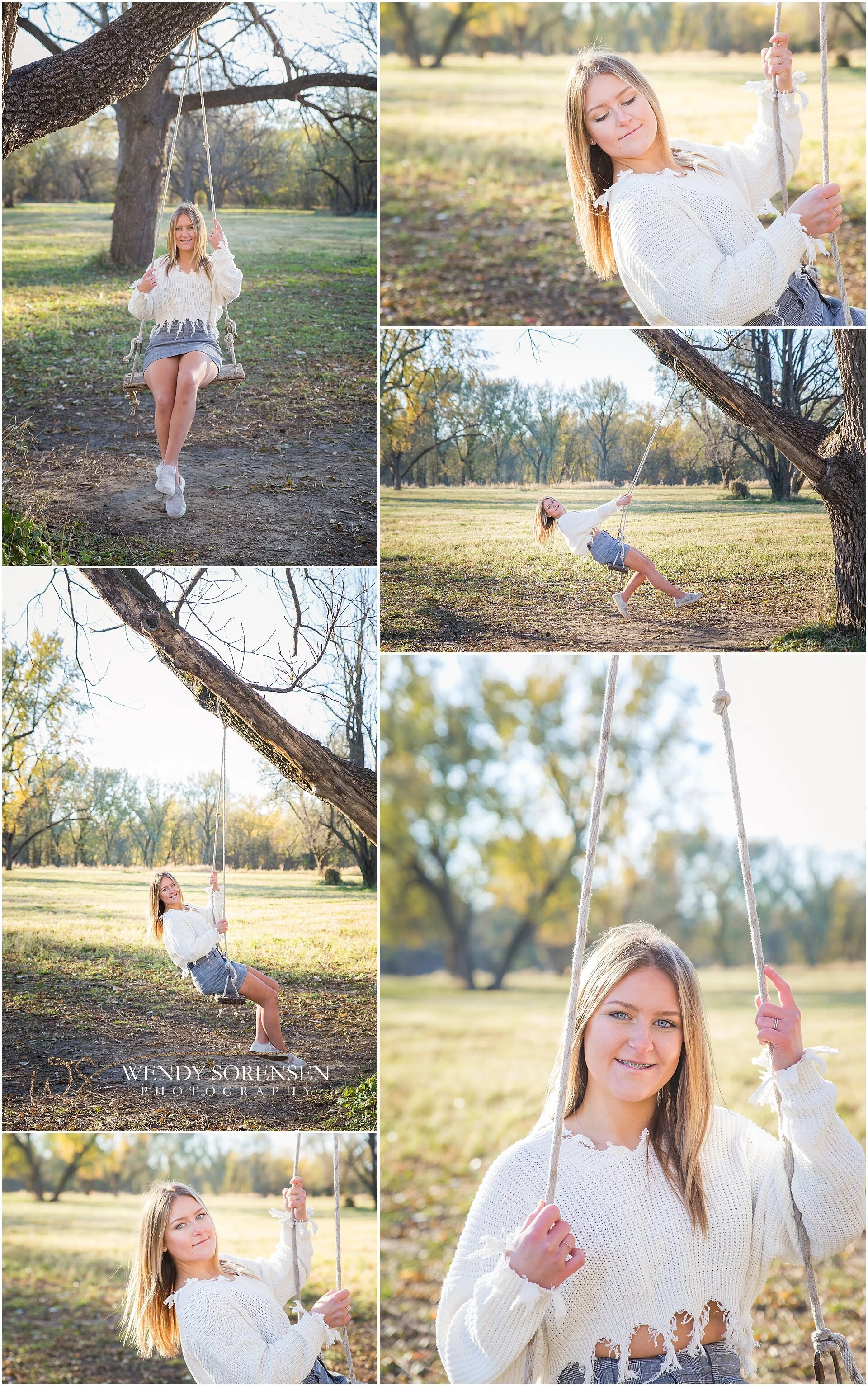 Senior girl wearing a cream sweater and gray skirt, swinging on a tree swing in Waterworks Park in Des Moines.