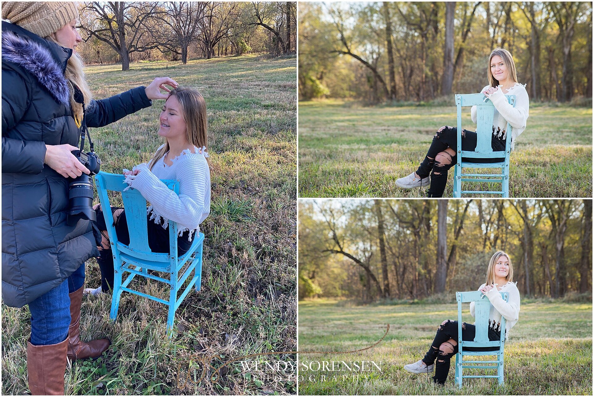 Senior girl sitting on a blue wood chair, with photographer Wendy Sorensen fixing the girl's hair before taking the photo in Des Moines.