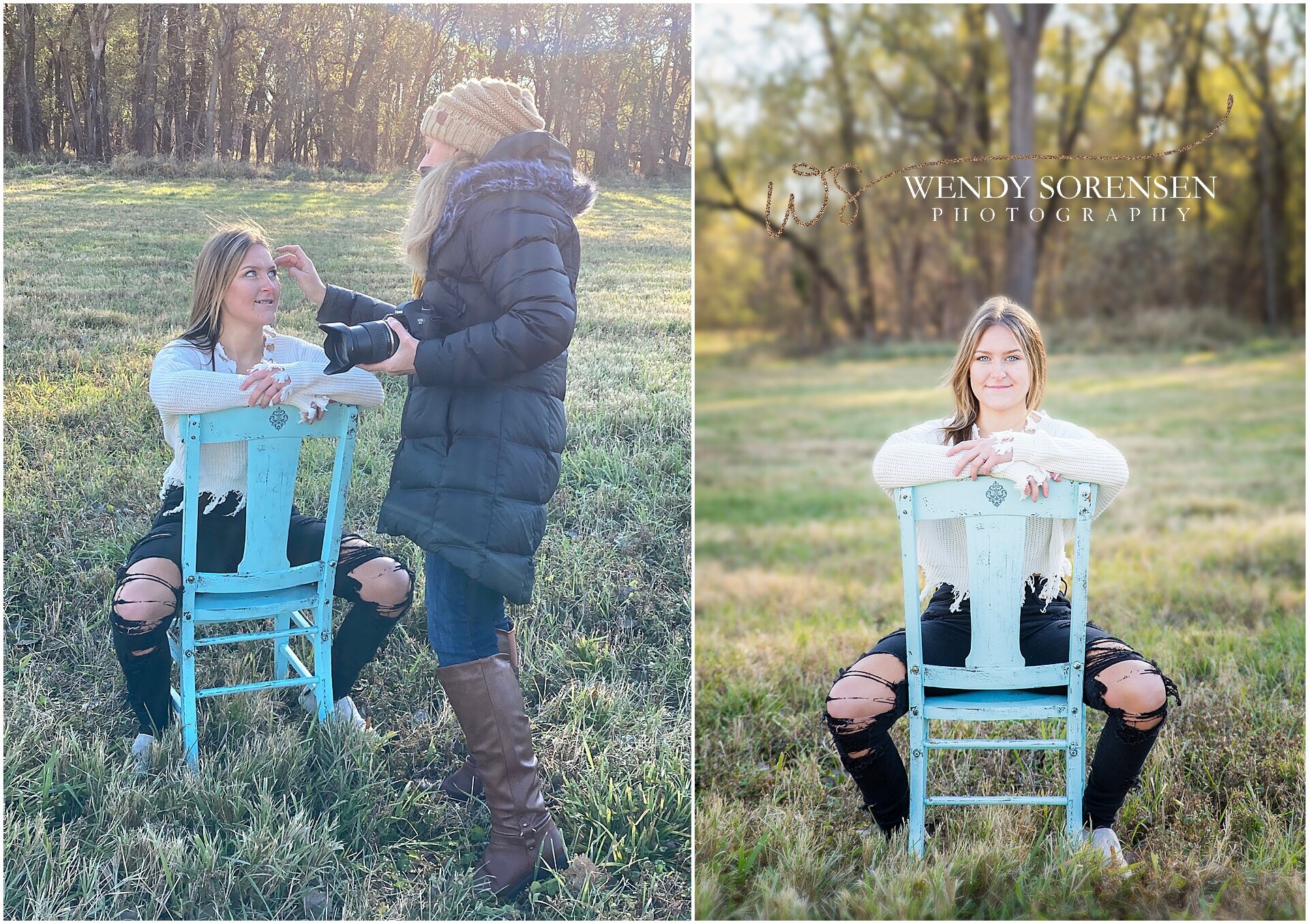 Senior photographer Wendy Sorensen adjusting hair for her senior girl in Des Moines.