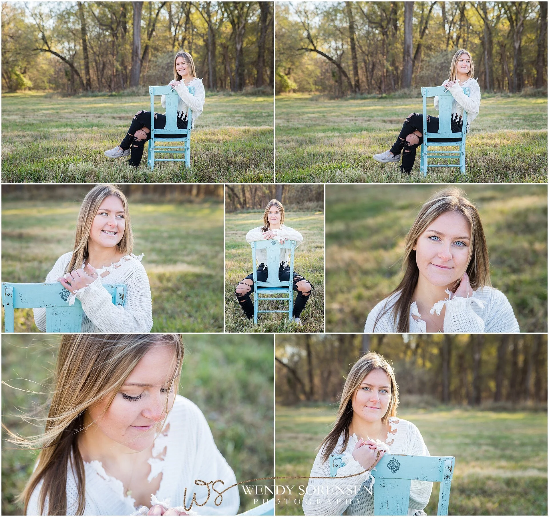 Senior girl sitting on a blue wood chair wearing a distressed sweater and ripped black jeans in Des Moines.