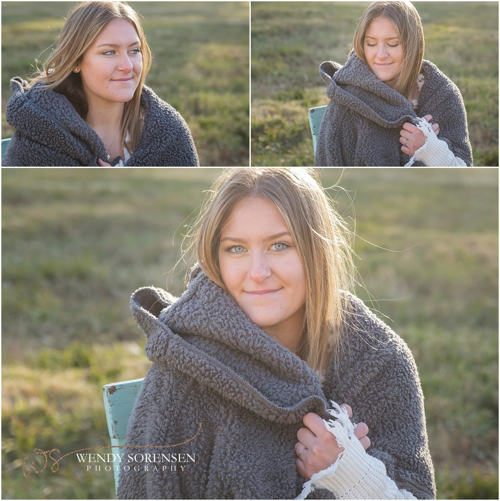 Senior girl wrapped in a gray fuzzy blanket for a few photos during her senior picture session in Des Moines.