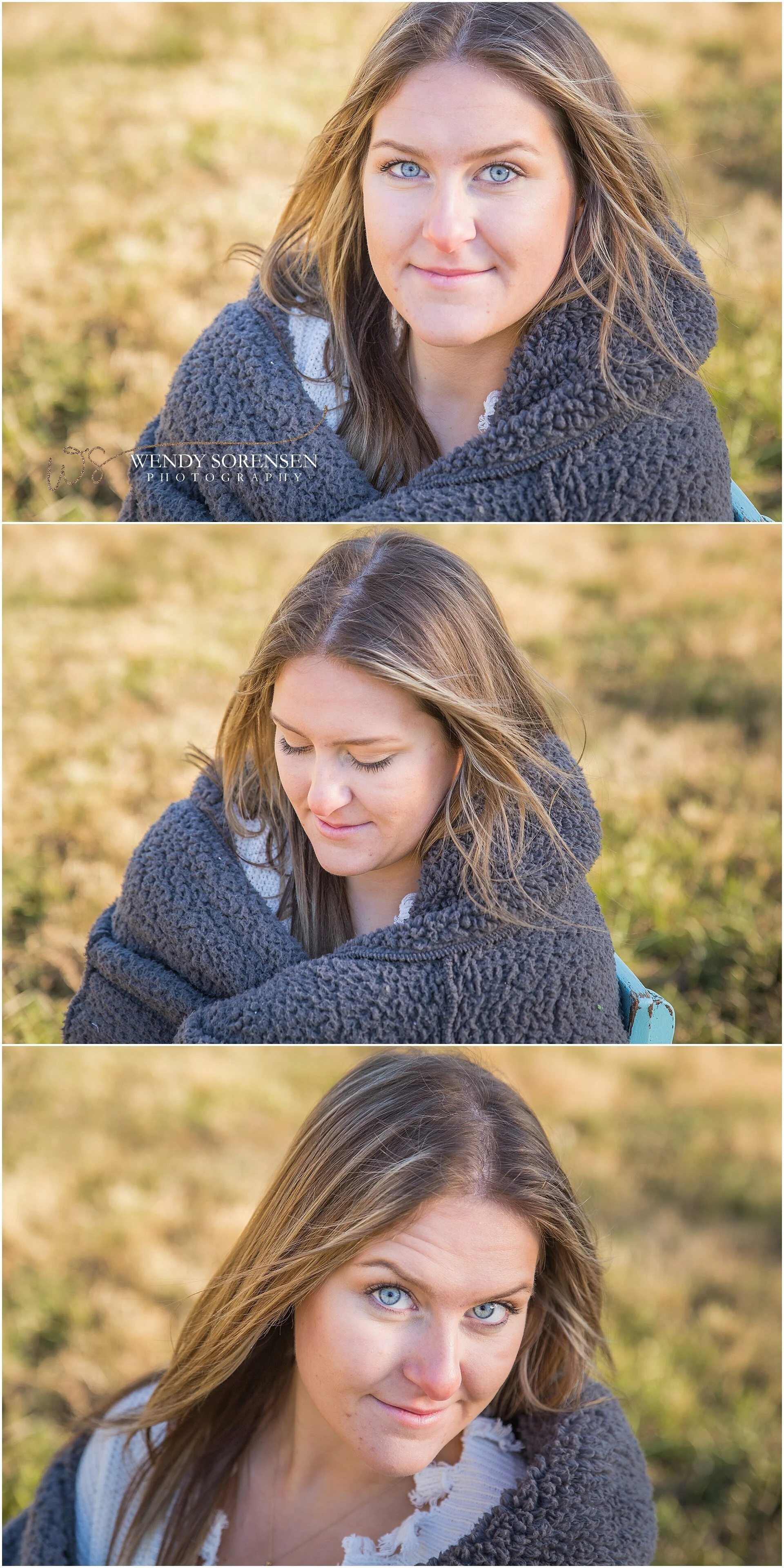 Close up of senior girl with long hair and blue eyes, with a soft smile.