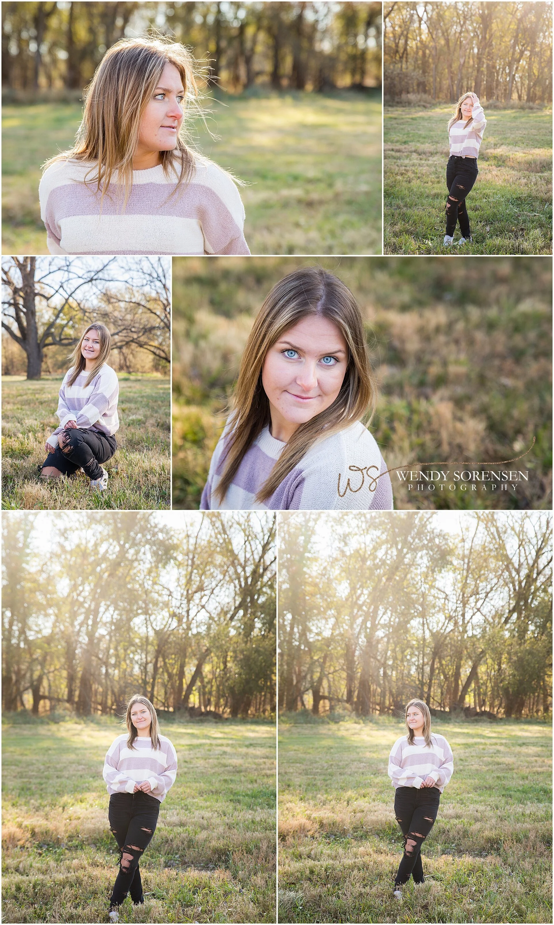 Senior girl wearing ripped jeans and a pink and white sweater in Des Moines.