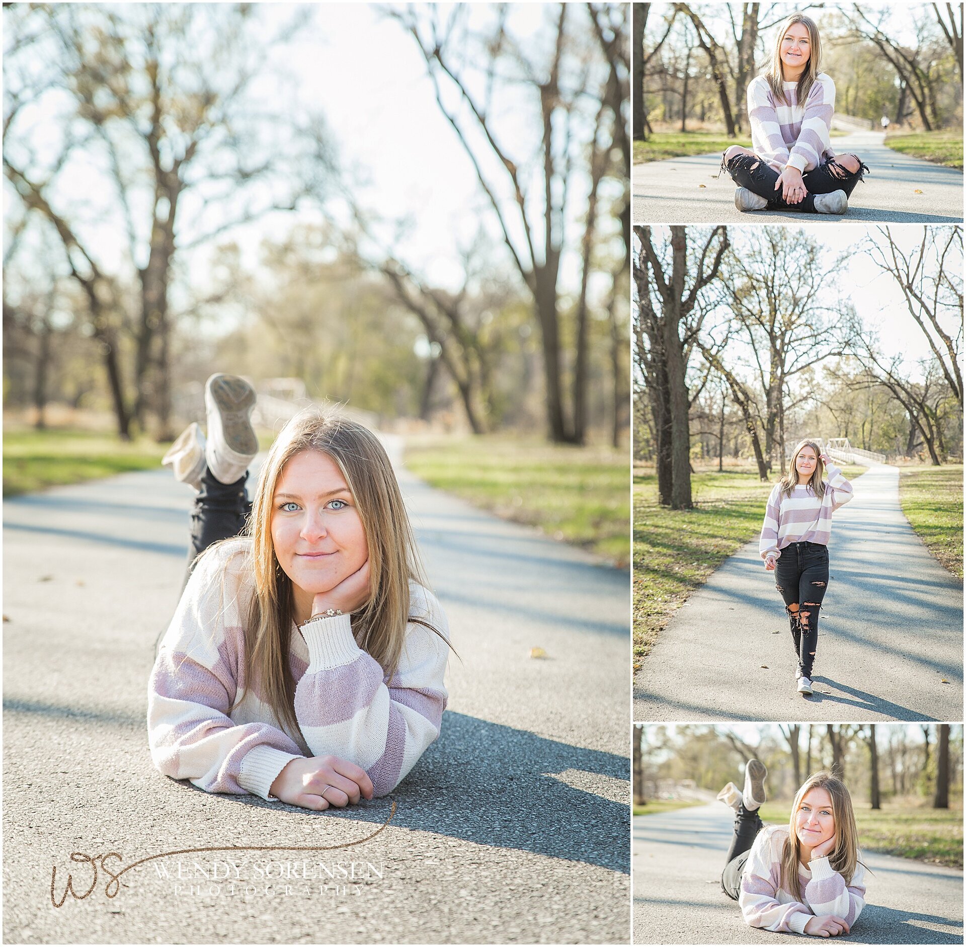 Senior girl sitting and laying on a sidewalk in Waterworks Park, Des Moines.