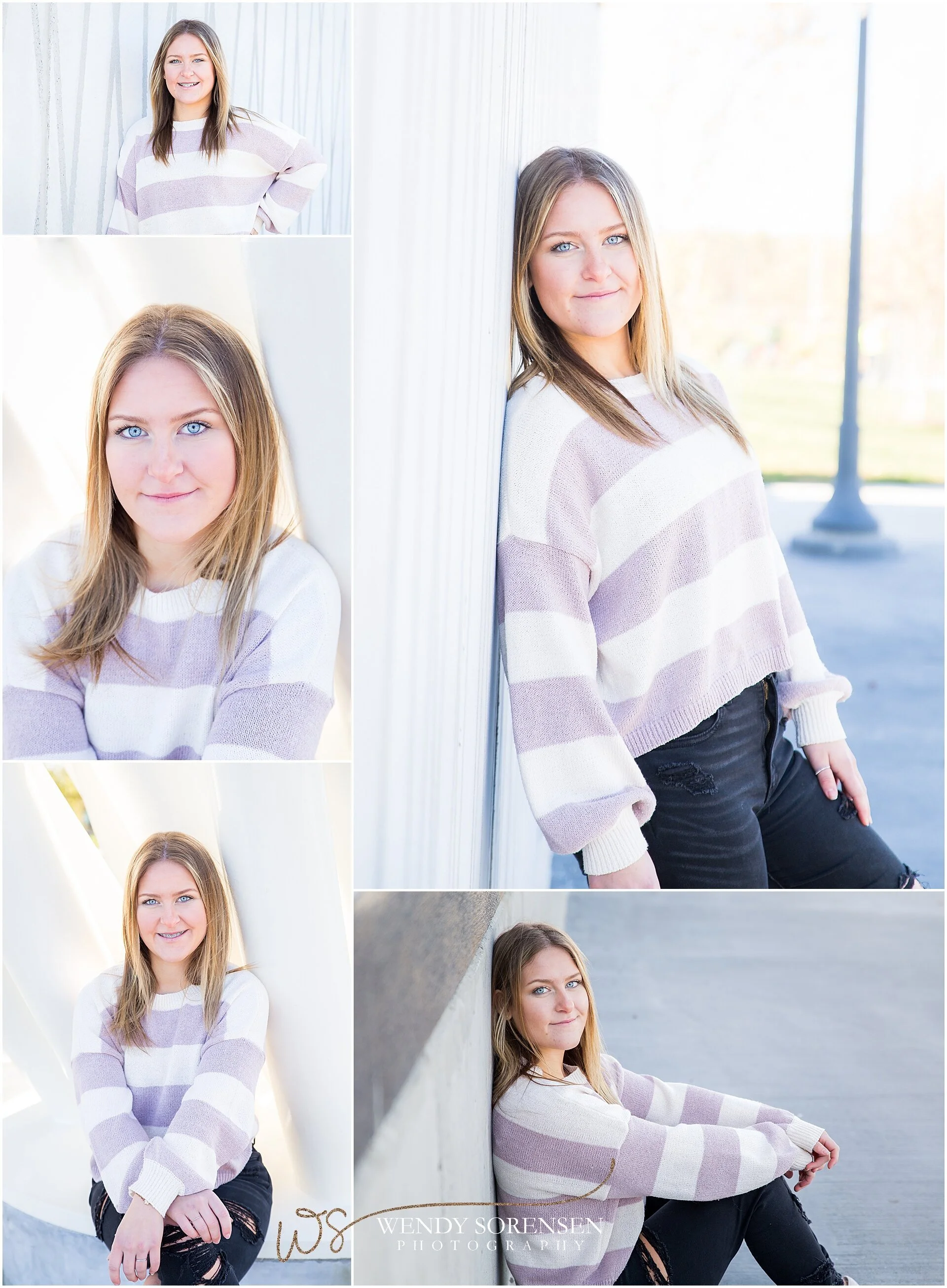 Senior girl wearing a pick & white striped sweater leaning against a white striped textured cement wall in Des Moines.