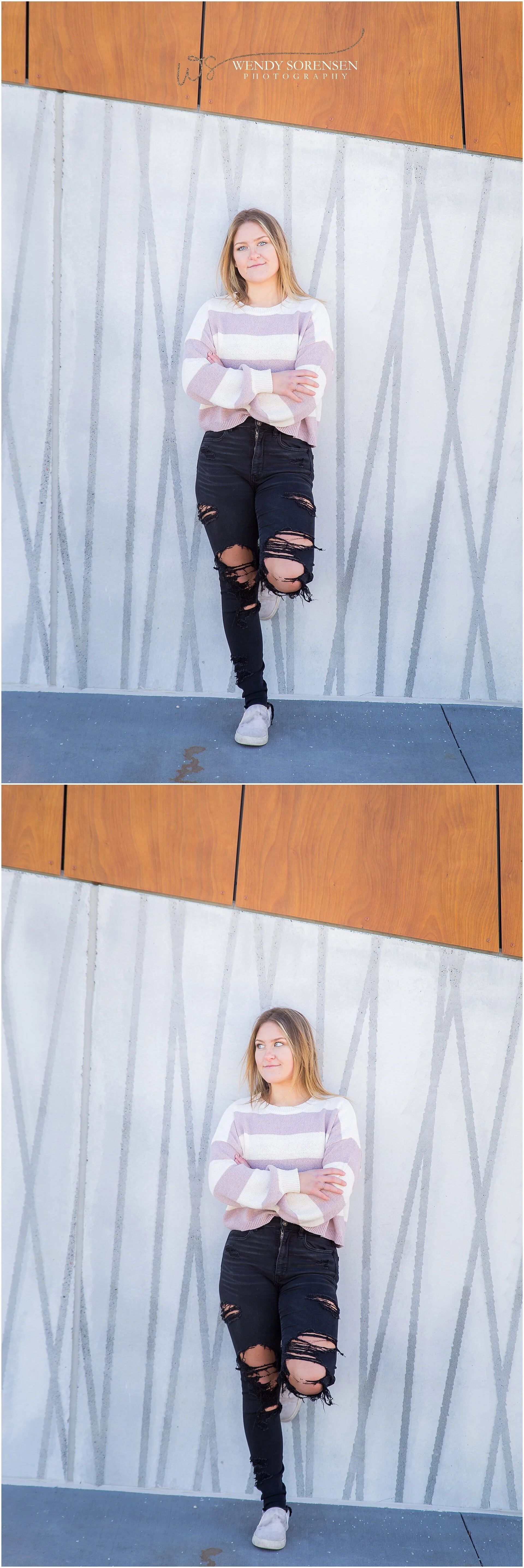 Senior girl standing with arms crossed in front of a wall with a geometric design in Des Moines.