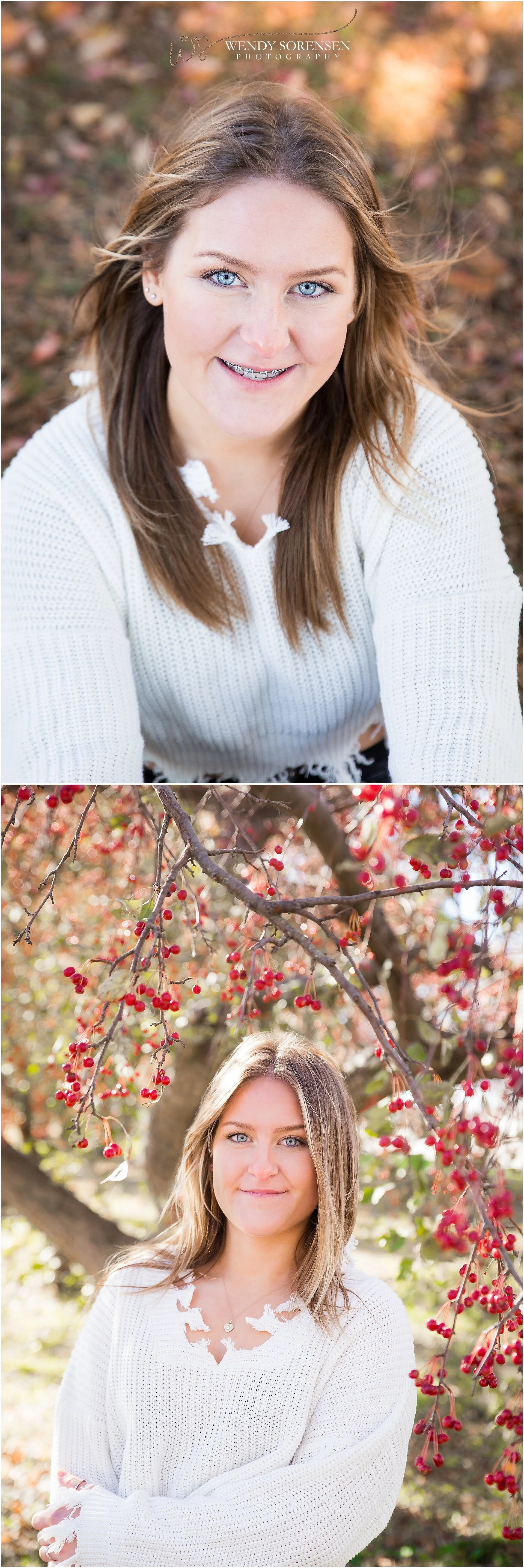 Close up of senior girl in a distressed cream sweater surrounded by red berries in a tree in Des Moines.